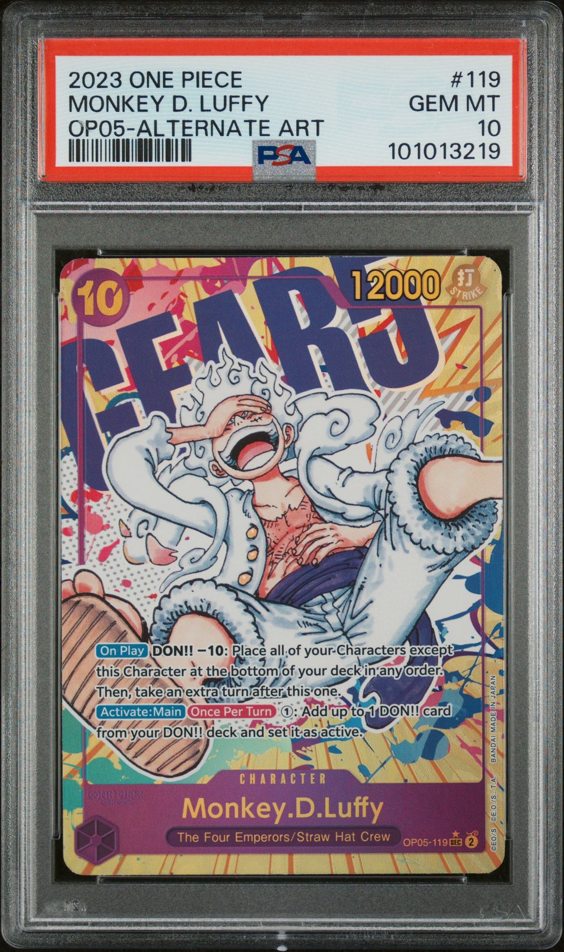 2023 One Piece Op05-Awakening Of The New Era Monkey D. Luffy #119 (Alternate Art) Gem Mt 10 front view - PSA graded GEM MT 10