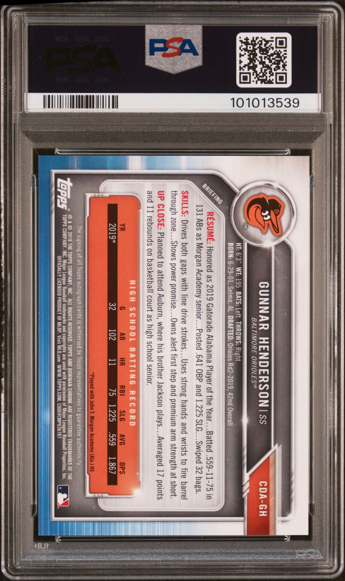 2019 Bowman Draft Chrome Draft Picks Autograph Gunnar Henderson #Cdagh (Chrome Draft Picks Auto.) Mint 9 back