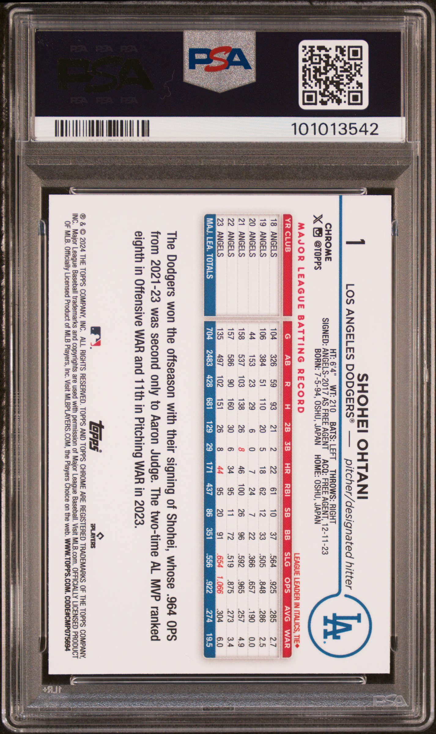 2024 Topps Chrome Shohei Ohtani #1 Mint 9 back