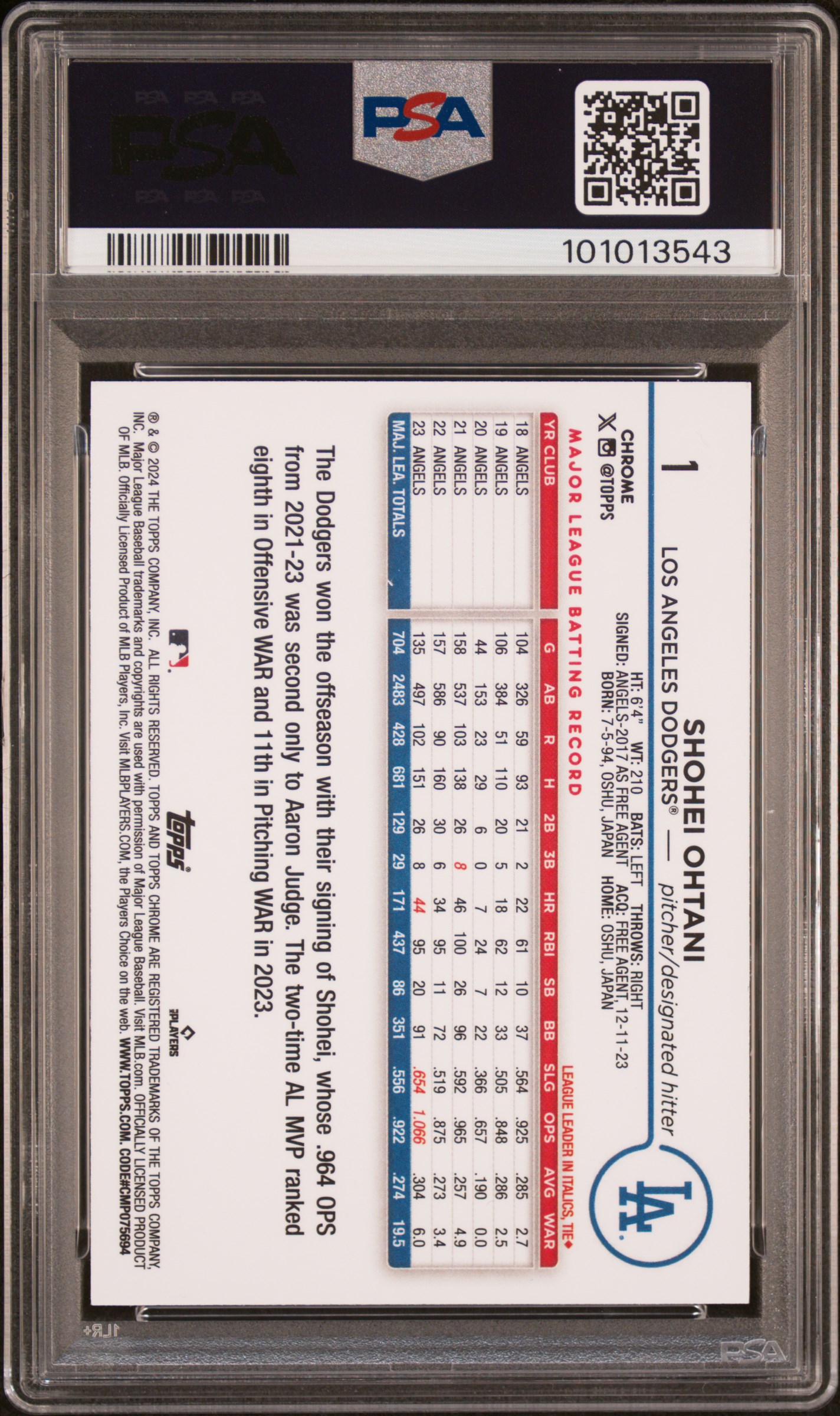 2024 Topps Chrome Shohei Ohtani #1 (Pink Refractor) Gem Mt 10 back