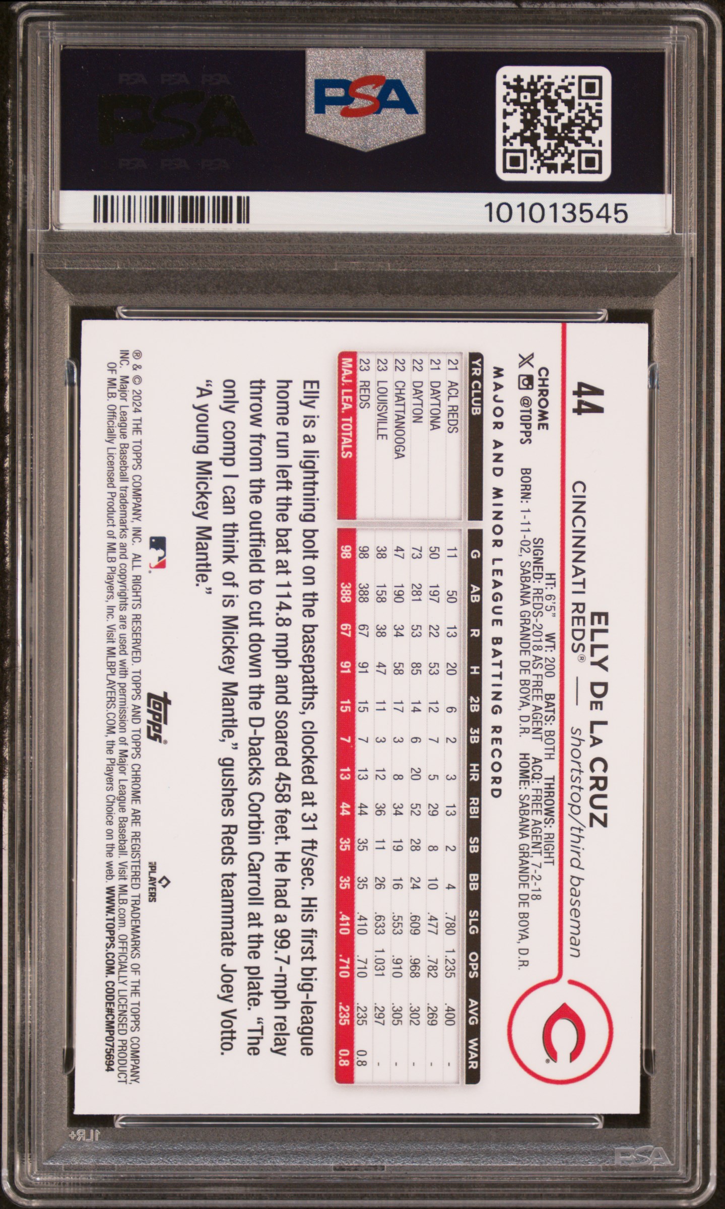 2024 Topps Chrome Elly De La Cruz #44 (X-Fractor) Gem Mt 10 back