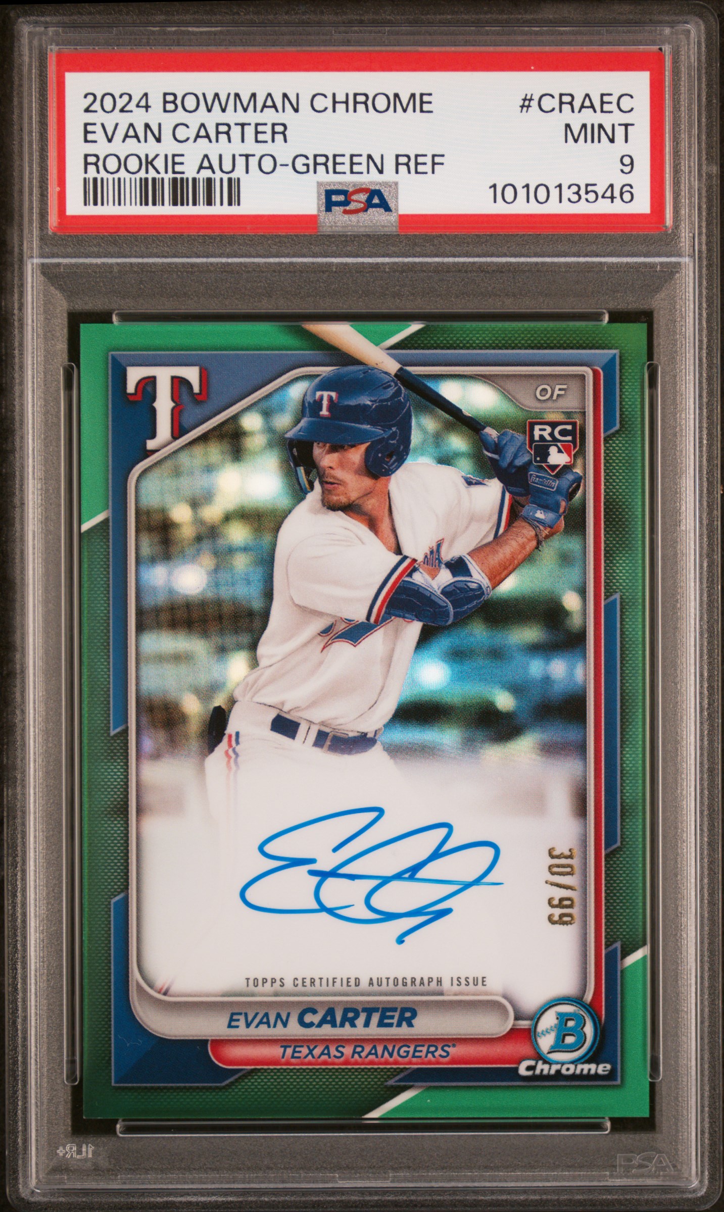 2024 Bowman Chrome Chrome Rookie Autographs Evan Carter #Craec (Rookie Auto-Green Ref) Mint 9 front