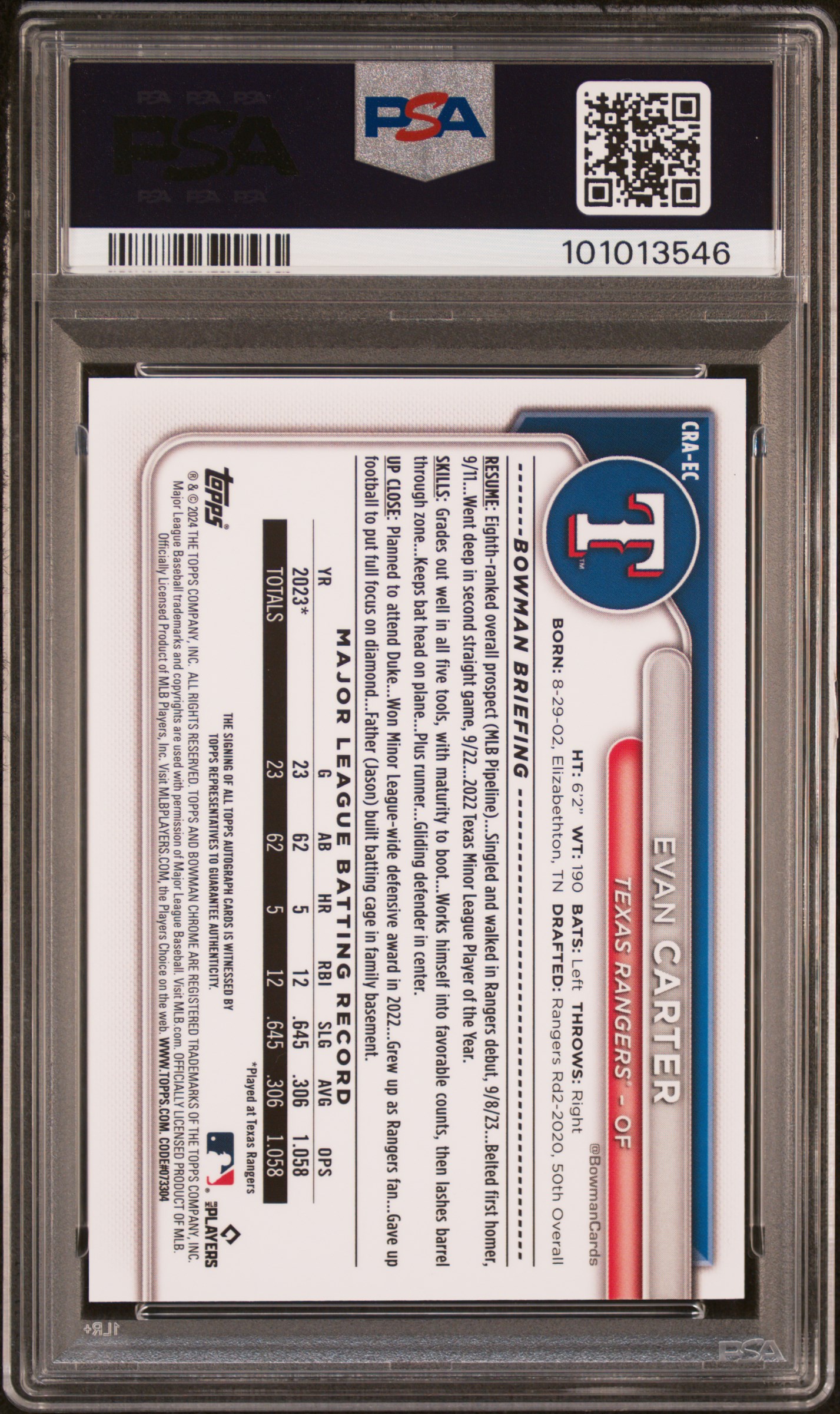 2024 Bowman Chrome Chrome Rookie Autographs Evan Carter #Craec (Rookie Auto-Green Ref) Mint 9 back