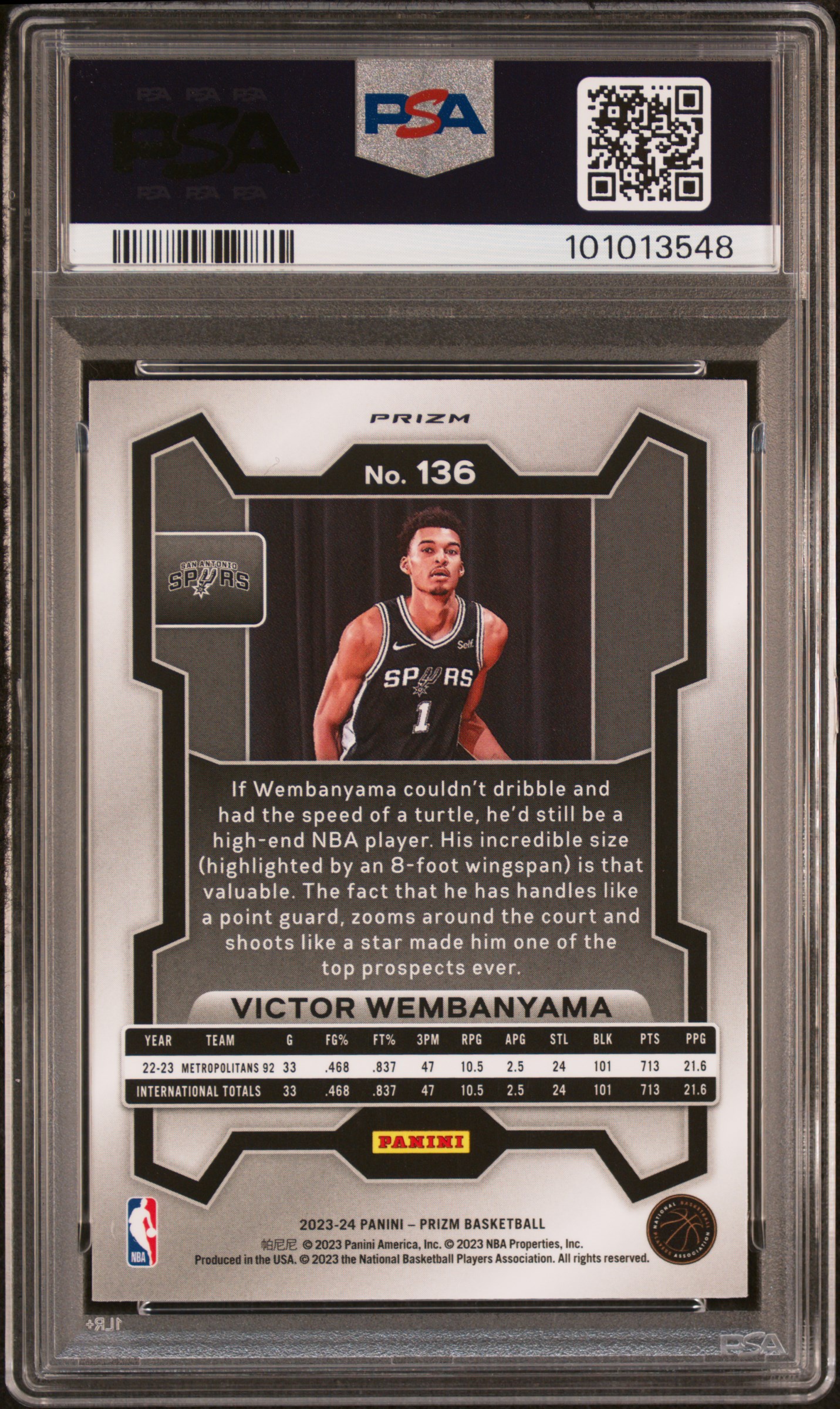 2023 Panini Prizm Victor Wembanyama #136 (Red Ice) Gem Mt 10 back