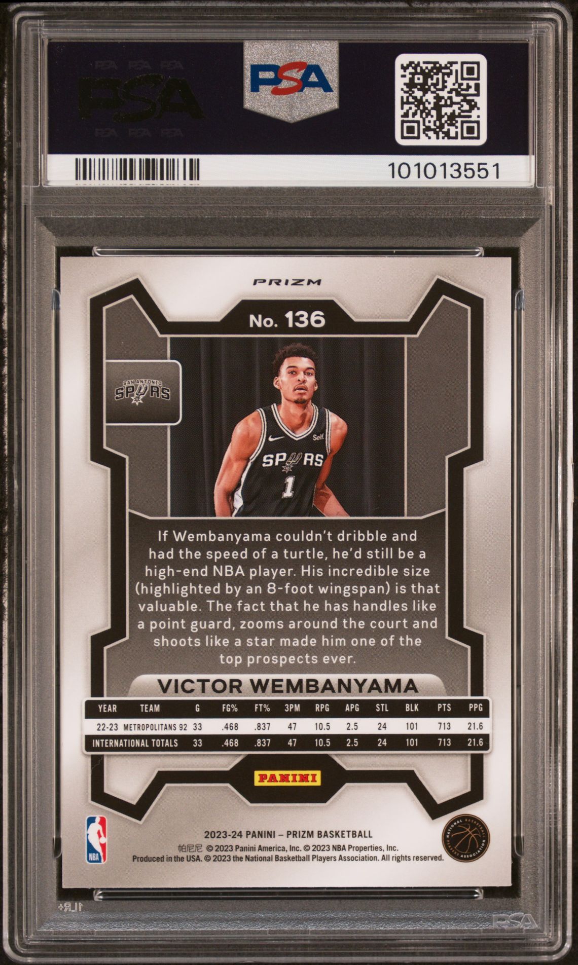 2023 Panini Prizm Victor Wembanyama #136 (Pink Ice) Gem Mt 10 back