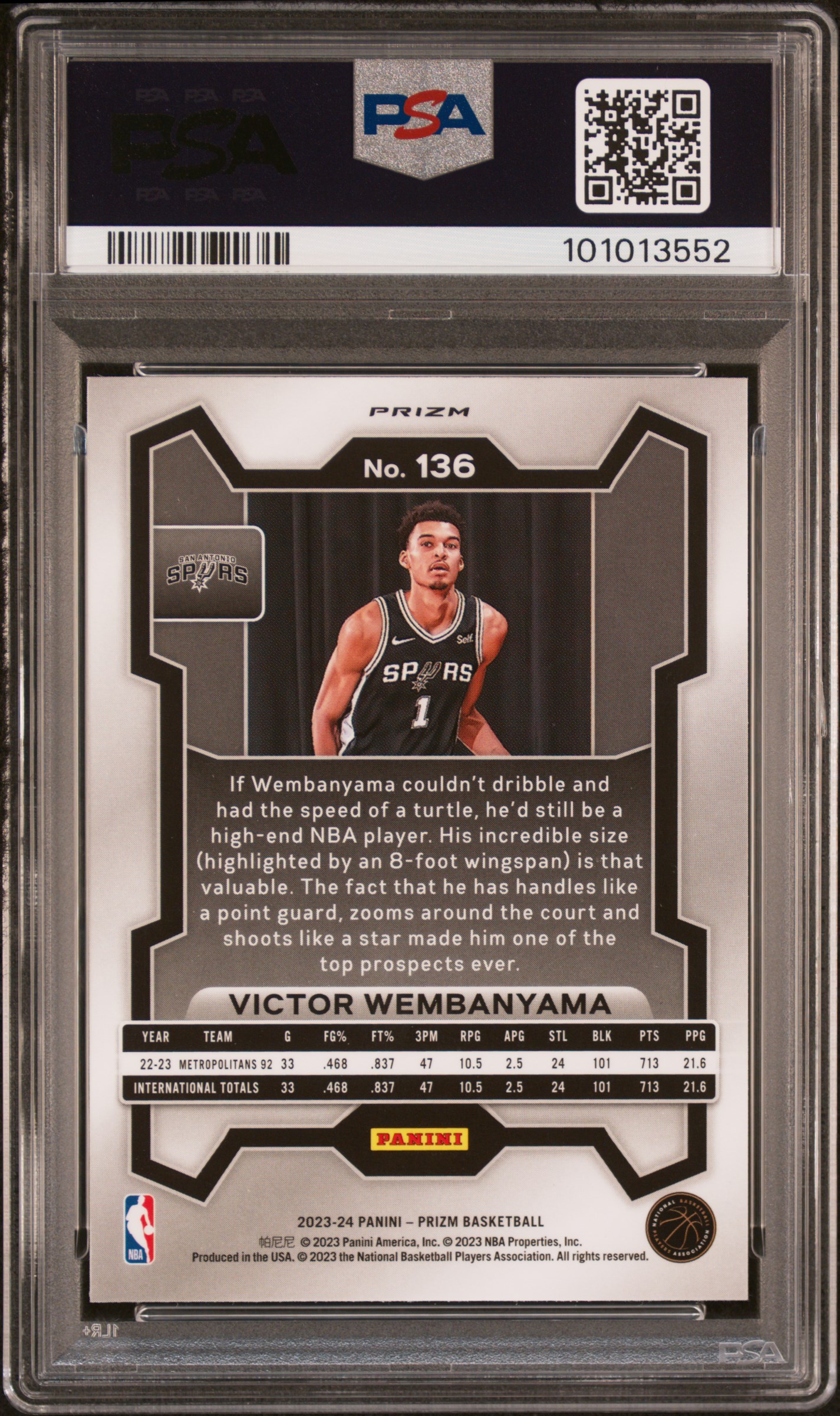 2023 Panini Prizm Victor Wembanyama #136 (Pink Ice) Gem Mt 10 back