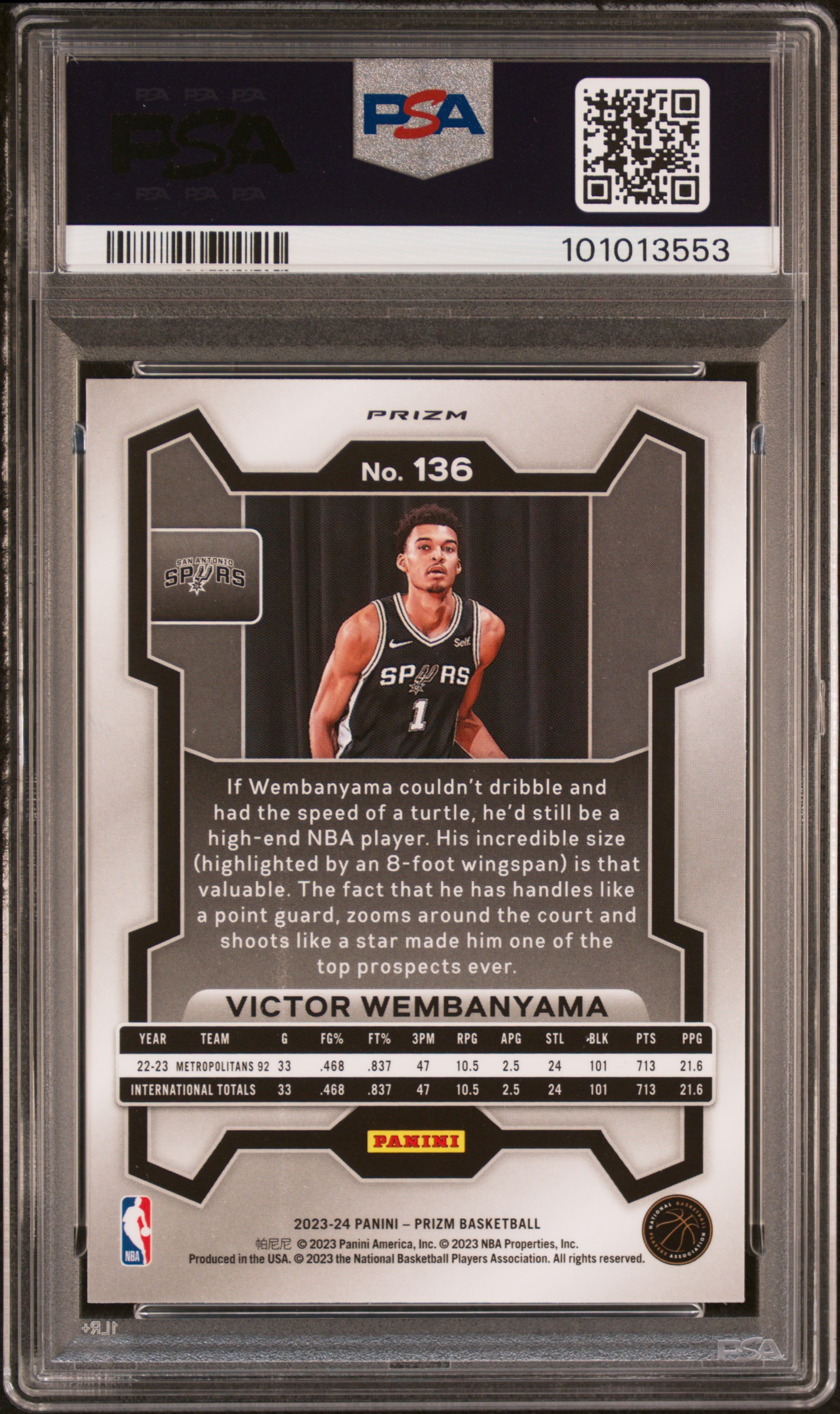 2023 Panini Prizm Victor Wembanyama #136 (Pink Ice) Gem Mt 10 back