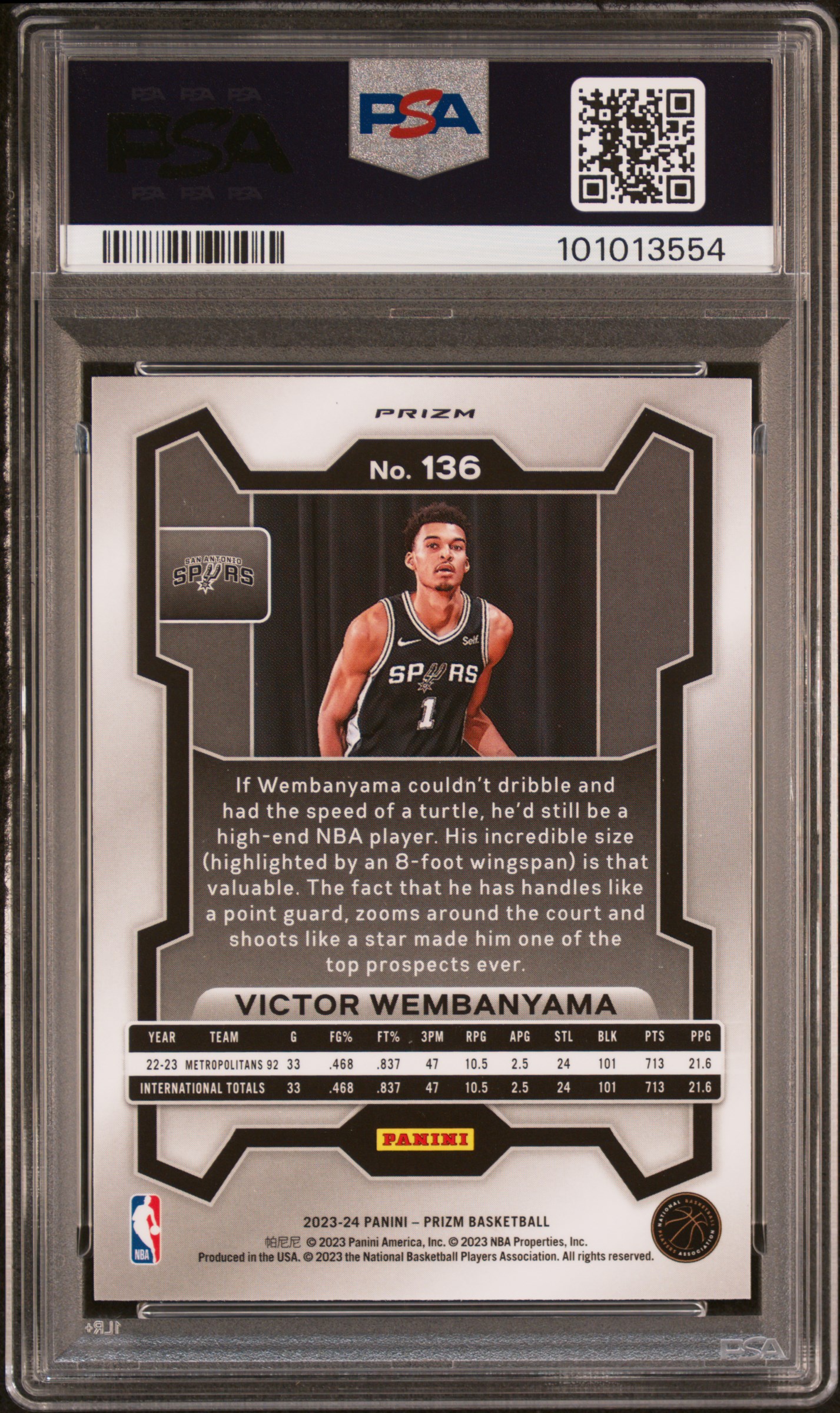 2023 Panini Prizm Victor Wembanyama #136 (Pink Ice) Gem Mt 10 back