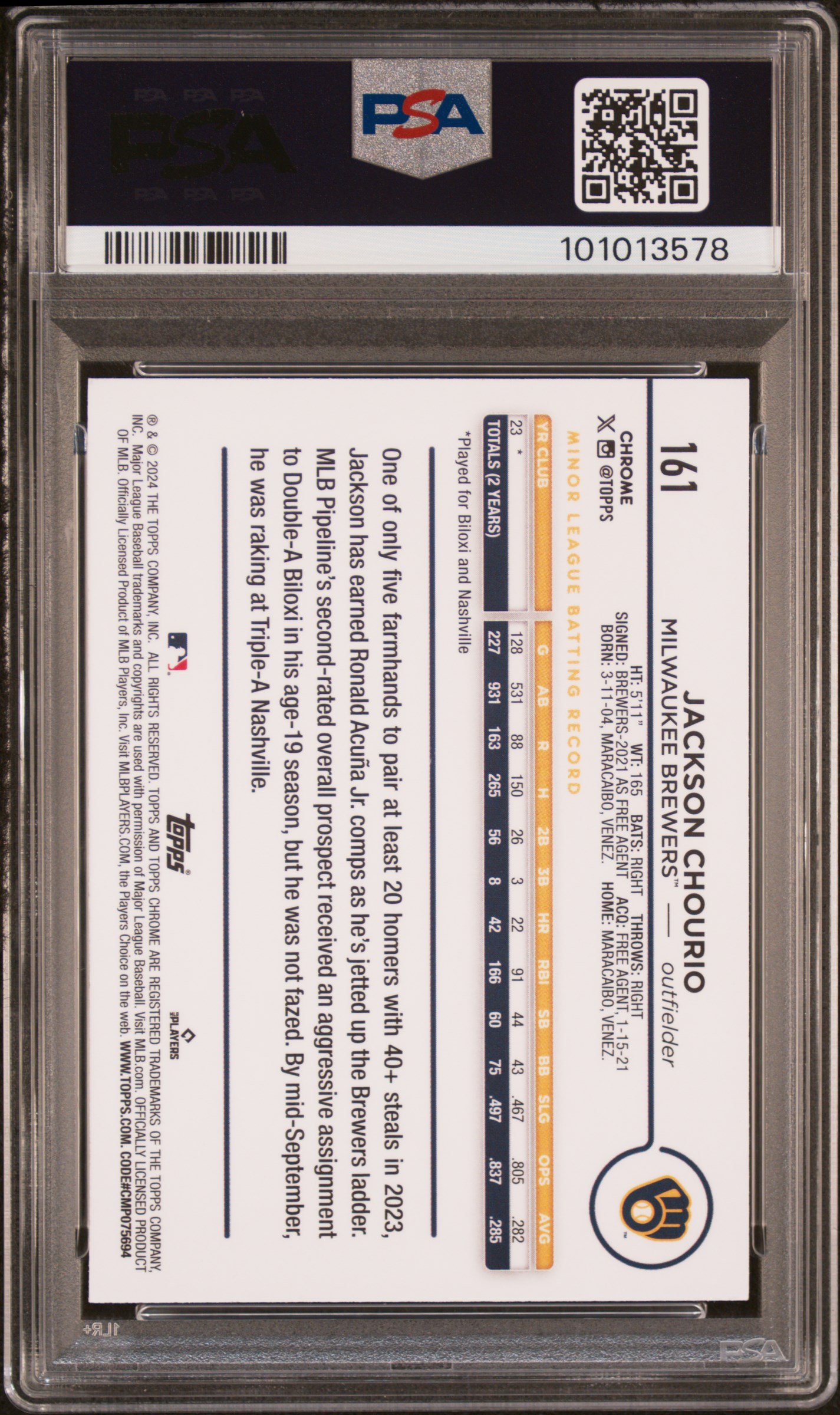 2024 Topps Chrome Jackson Chourio #161 (Prism Refractor) Mint 9 back