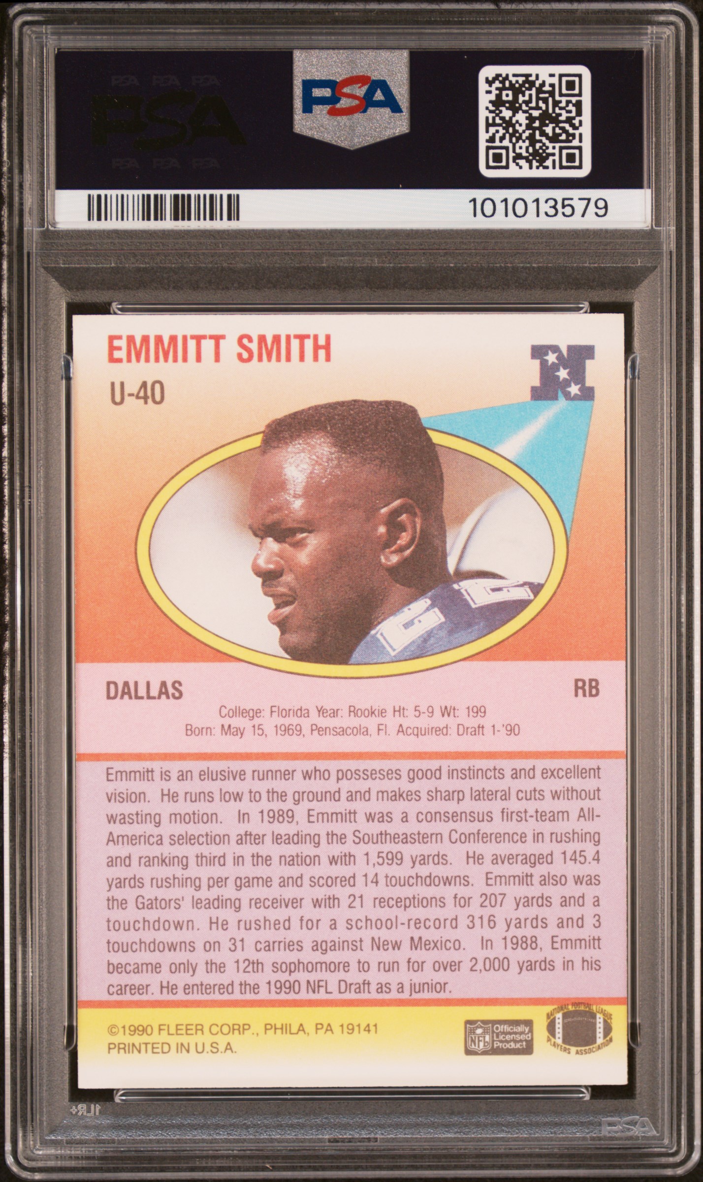 1990 Fleer Update Emmitt Smith #U-40 Mint 9 back