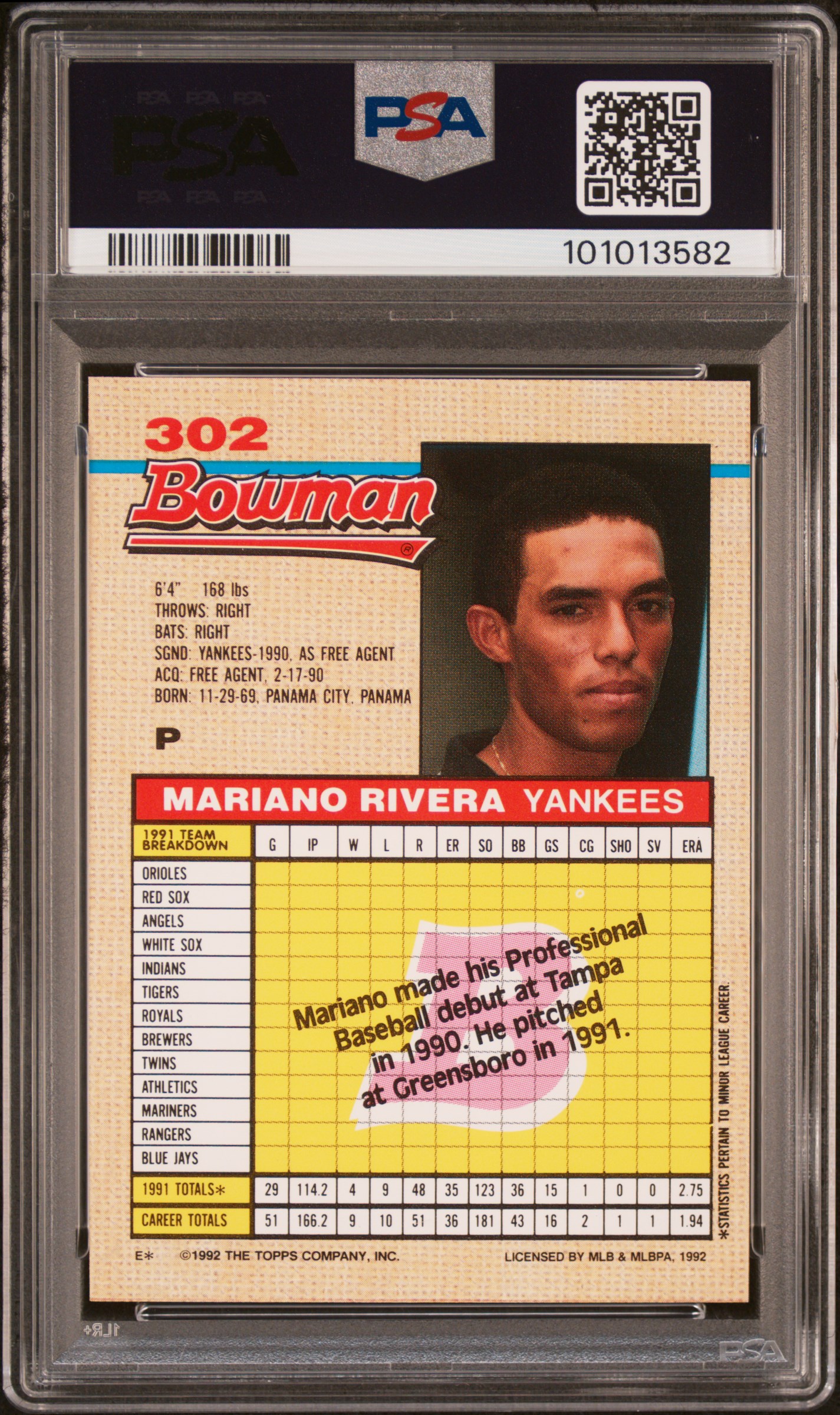 1992 Bowman Mariano Rivera #302 Nm-Mt 8 back