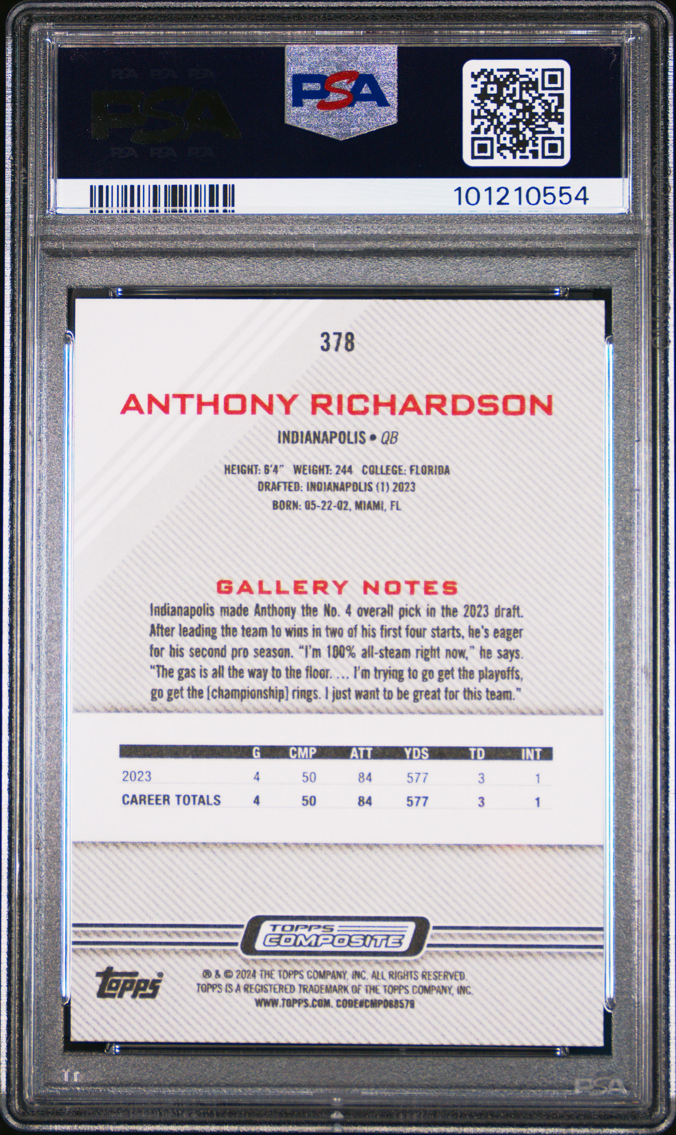 2023 Topps Composite Anthony Richardson #378 Gem Mt 10 back