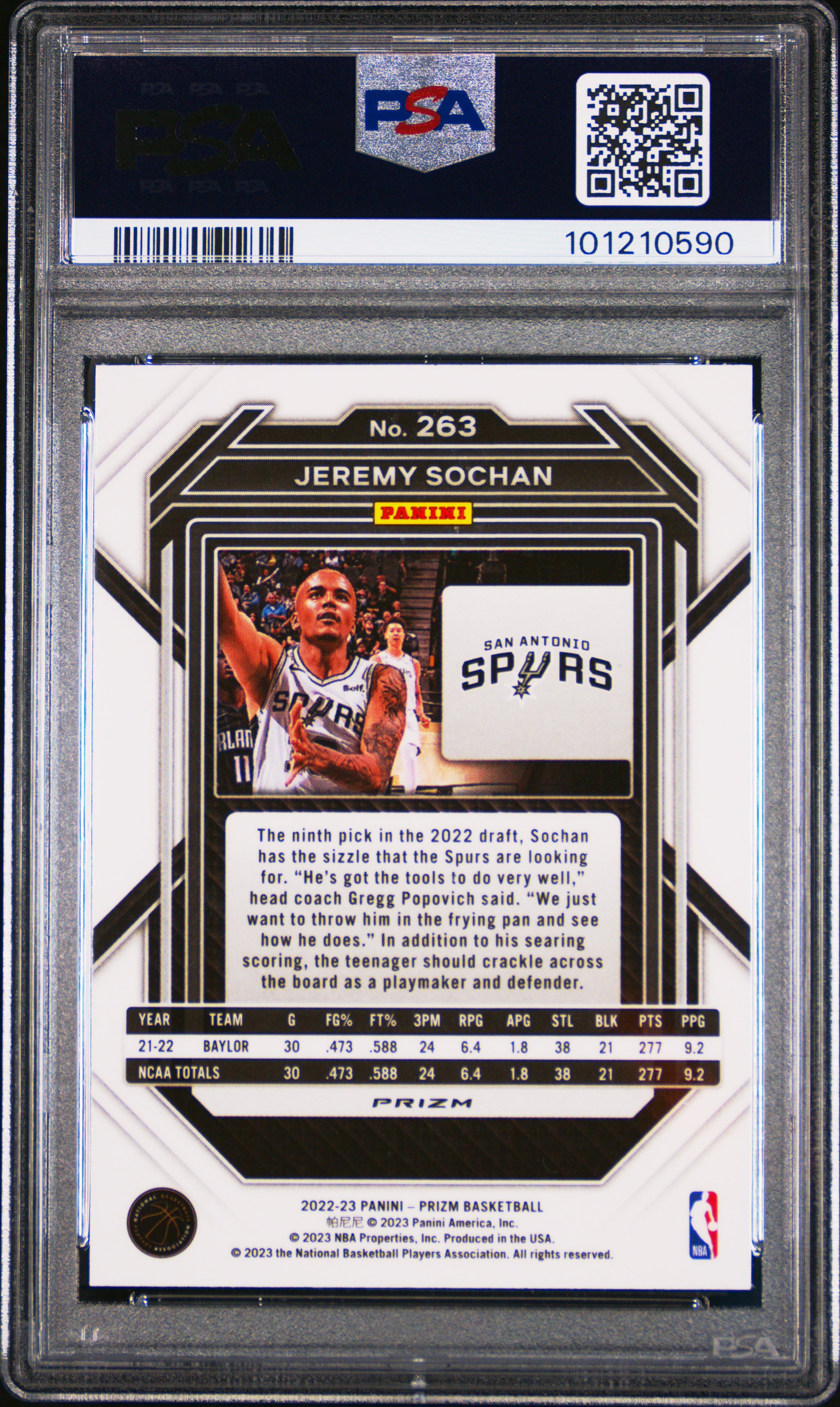 2022 Panini Prizm Jeremy Sochan #263 (Silver Prizm) Mint 9 back