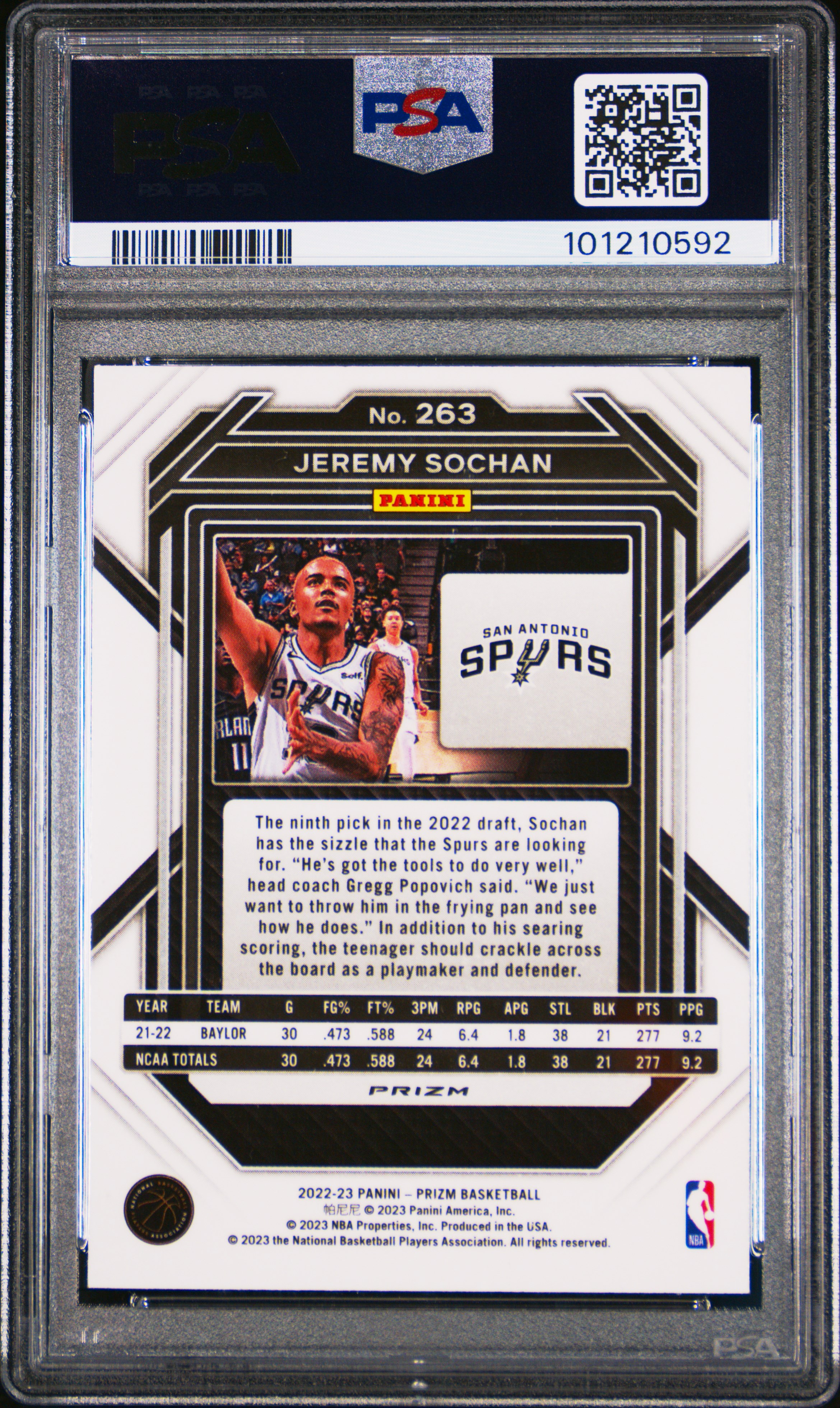 2022 Panini Prizm Jeremy Sochan #263 (Silver Prizm) Gem Mt 10 back