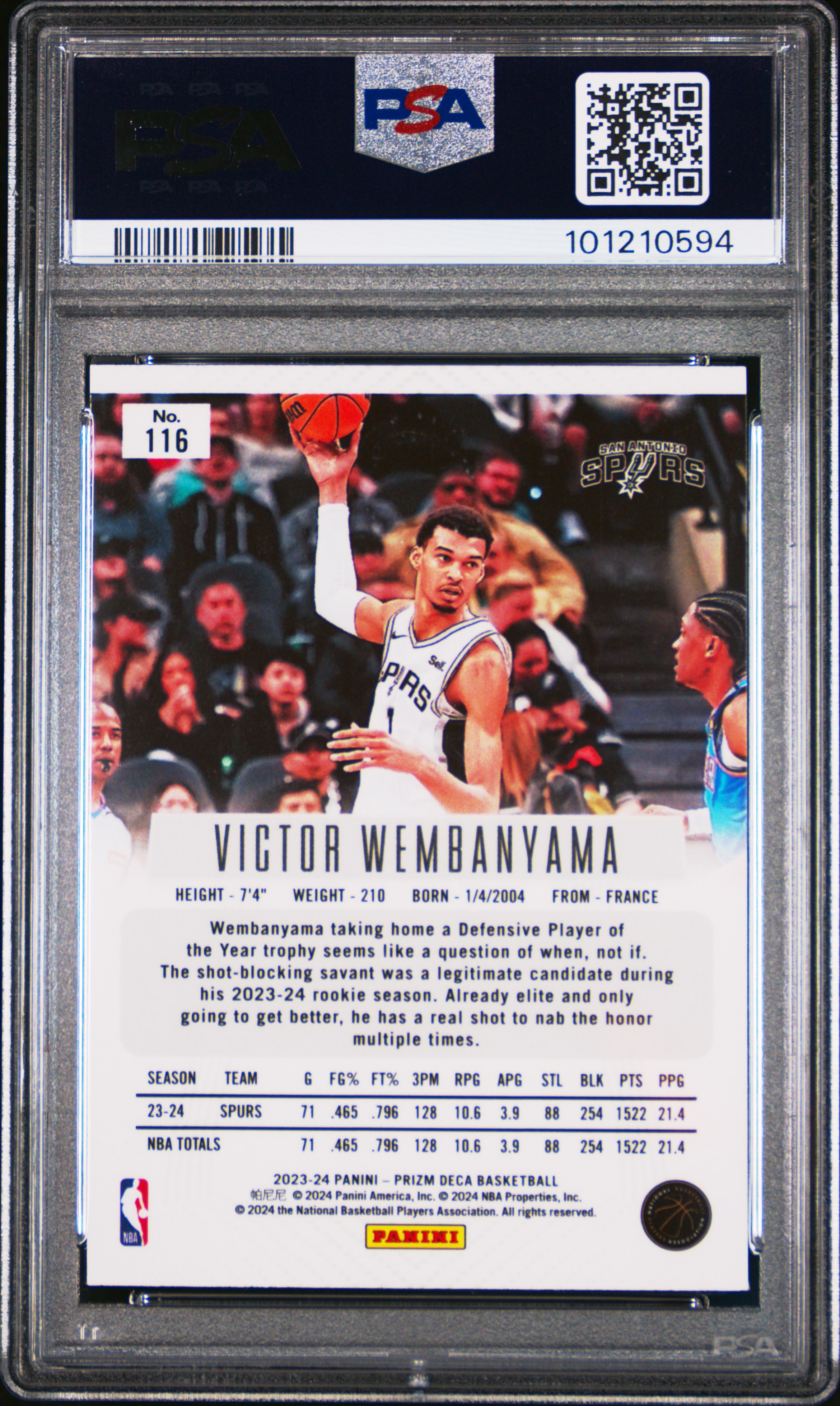 2023 Panini Prizm Deca Victor Wembanyama #116 Gem Mt 10 back