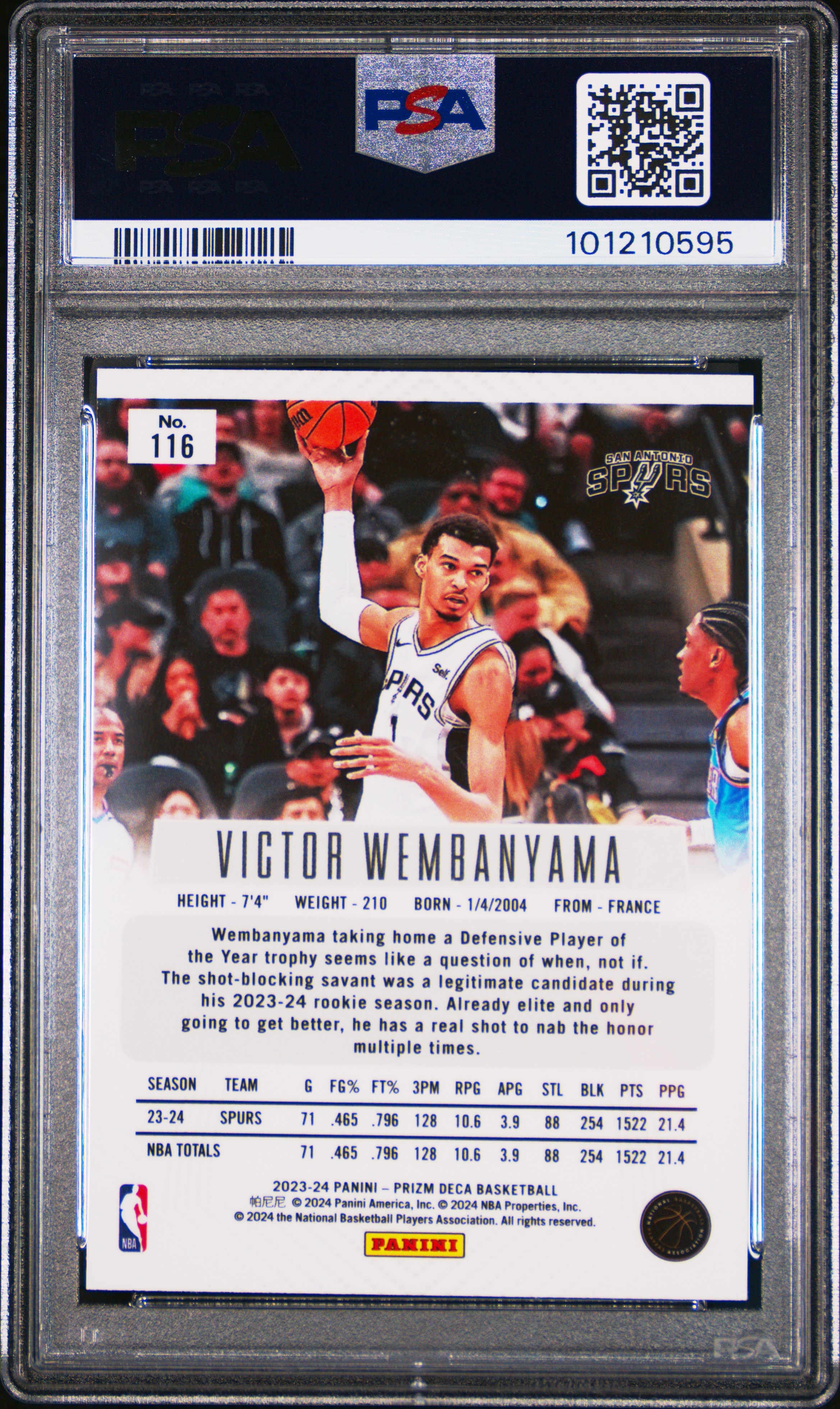 2023 Panini Prizm Deca Victor Wembanyama #116 Gem Mt 10 back