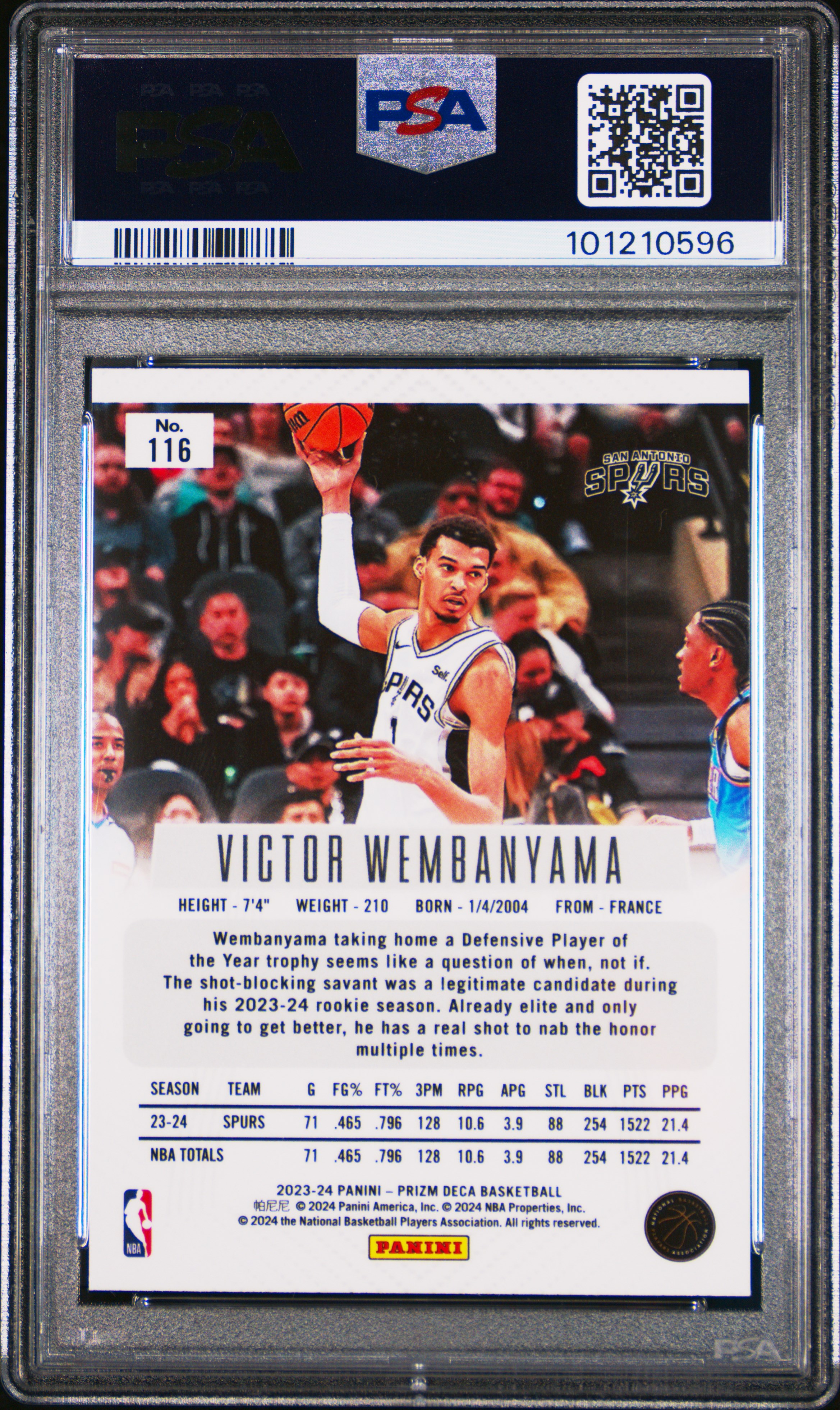 2023 Panini Prizm Deca Victor Wembanyama #116 Gem Mt 10 back