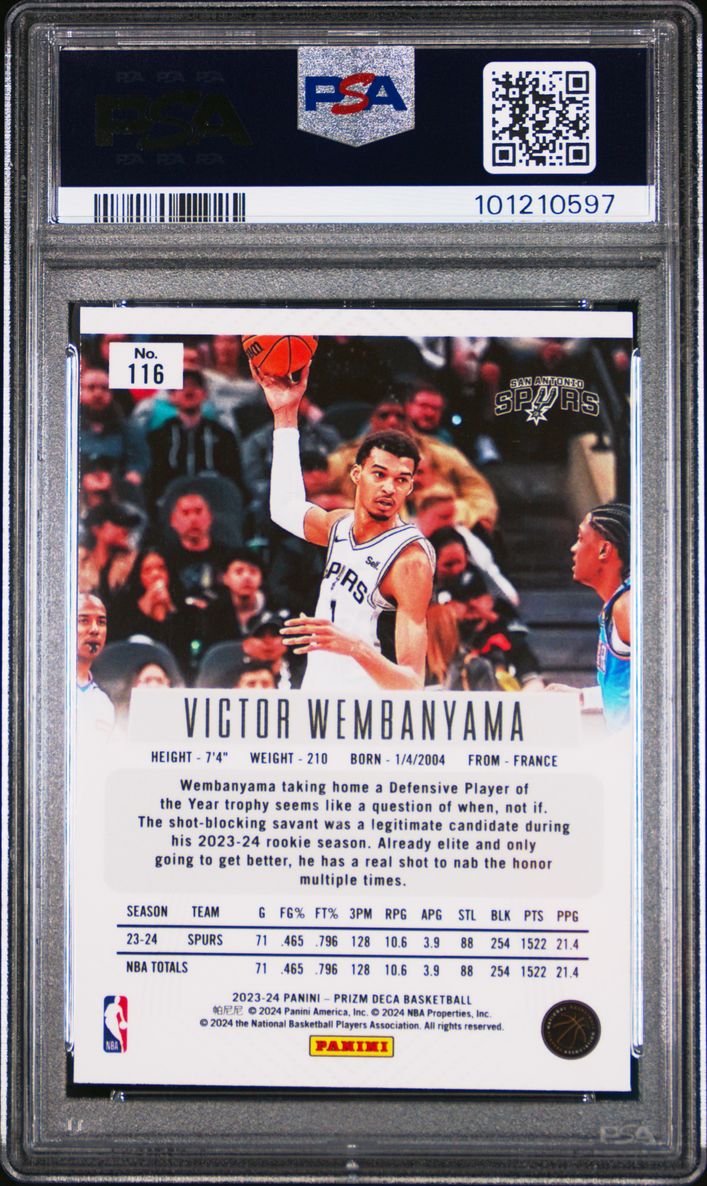 2023 Panini Prizm Deca Victor Wembanyama #116 Gem Mt 10 back
