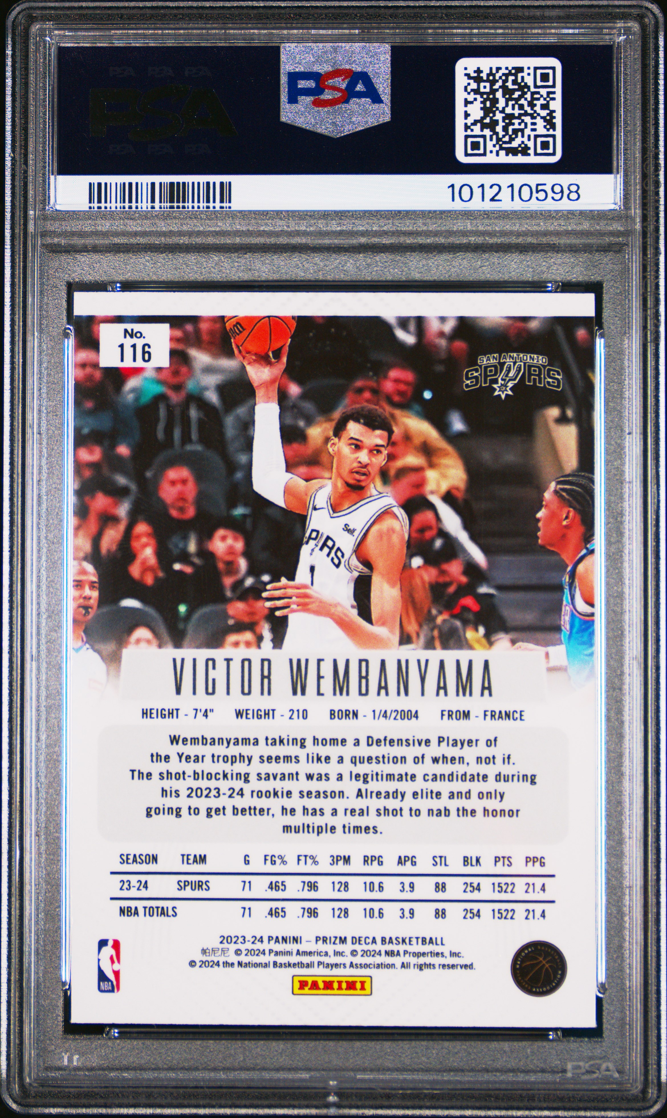 2023 Panini Prizm Deca Victor Wembanyama #116 Gem Mt 10 back
