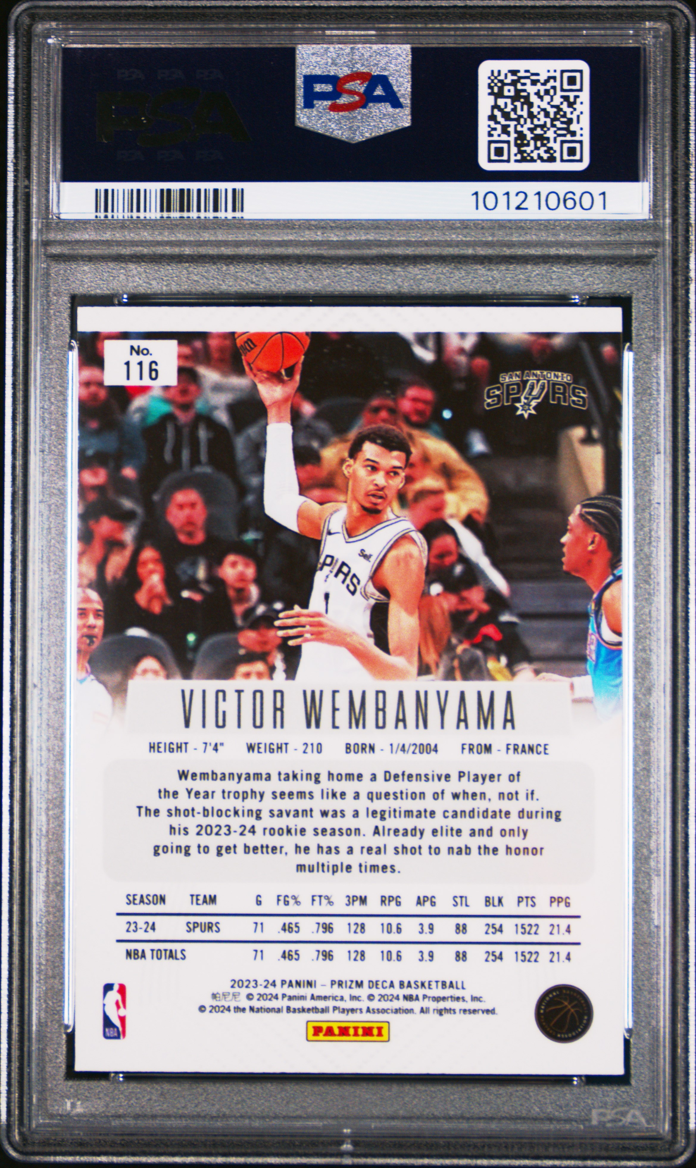 2023 Panini Prizm Deca Victor Wembanyama #116 Gem Mt 10 back