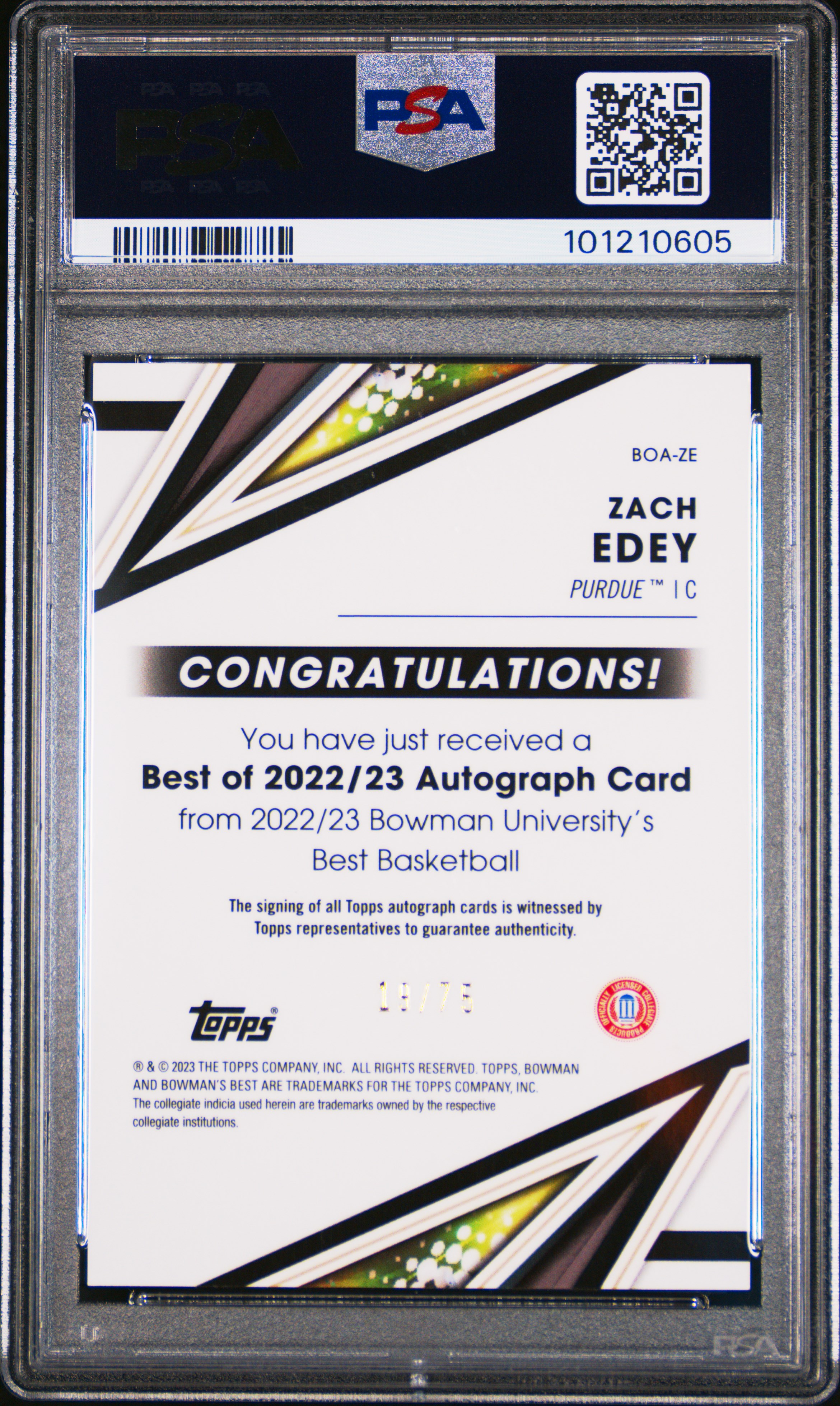 2022 Bowman University Best Best Of 2022 Autograph Zach Edey #Boaze (Best Of 2022 Au-Gold Lava Ref) Mint 9 back