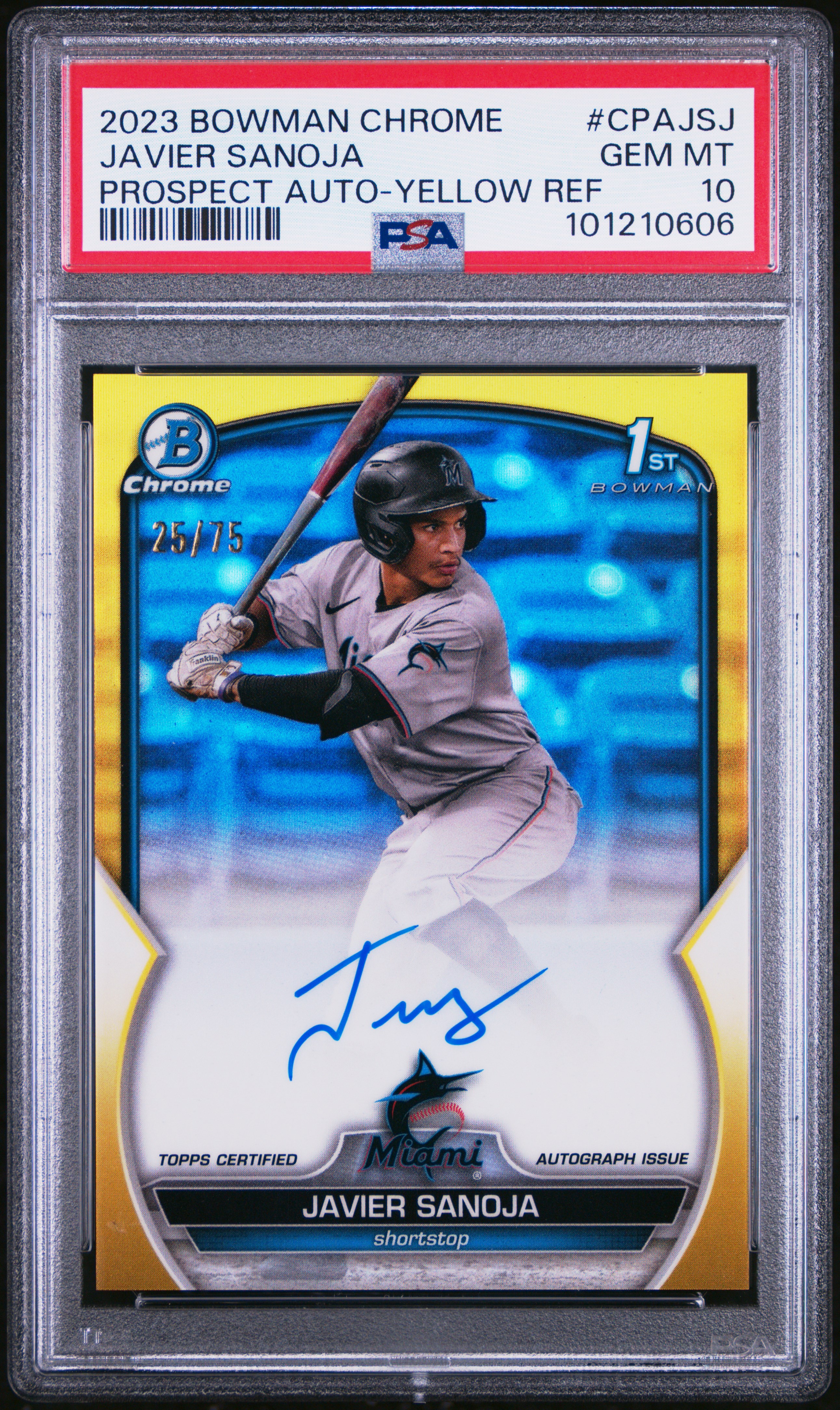 2023 Bowman Chrome Prospect Autographs Javier Sanoja #Cpajsj (Prospect Auto-Yellow Ref) Gem Mt 10 front