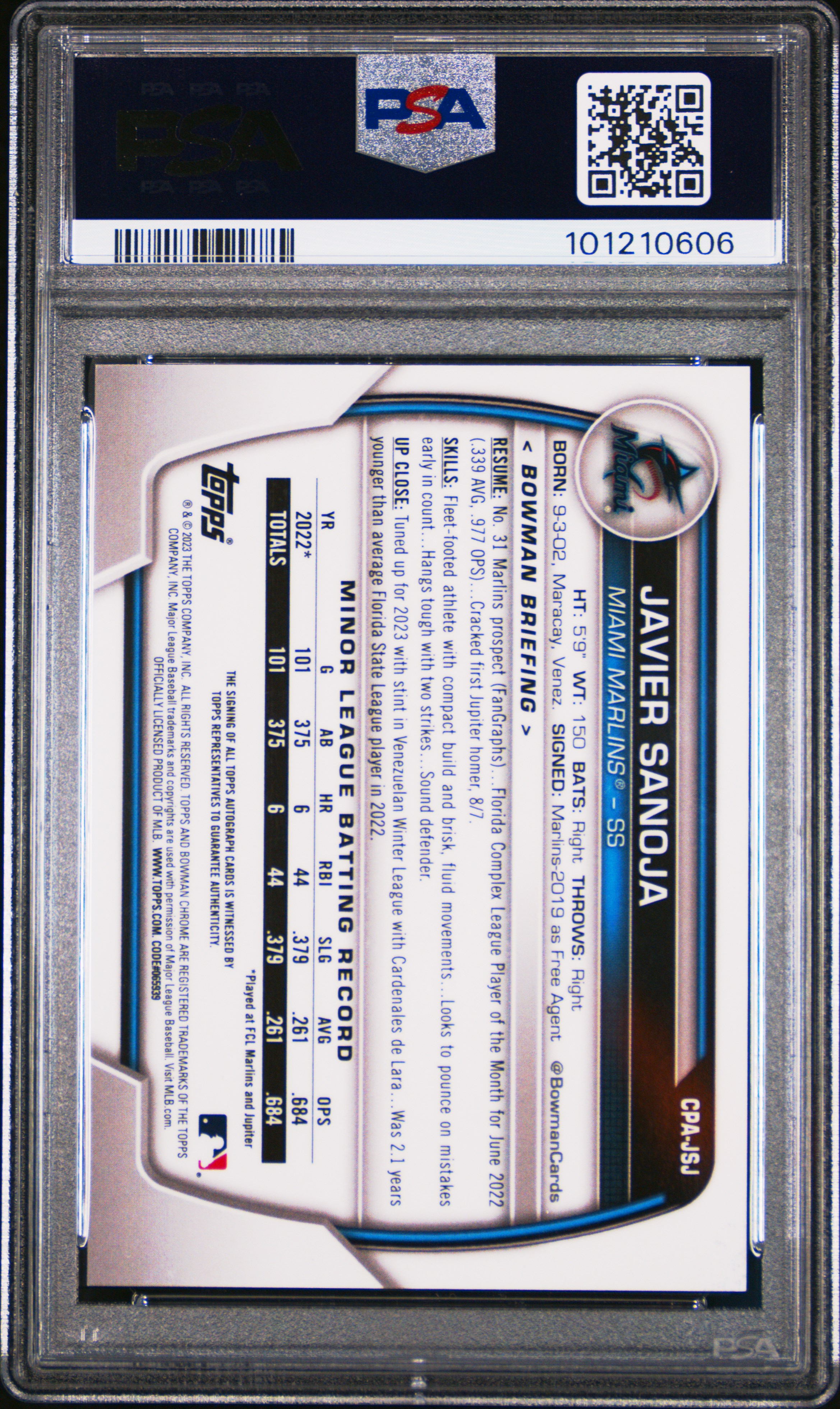 2023 Bowman Chrome Prospect Autographs Javier Sanoja #Cpajsj (Prospect Auto-Yellow Ref) Gem Mt 10 back