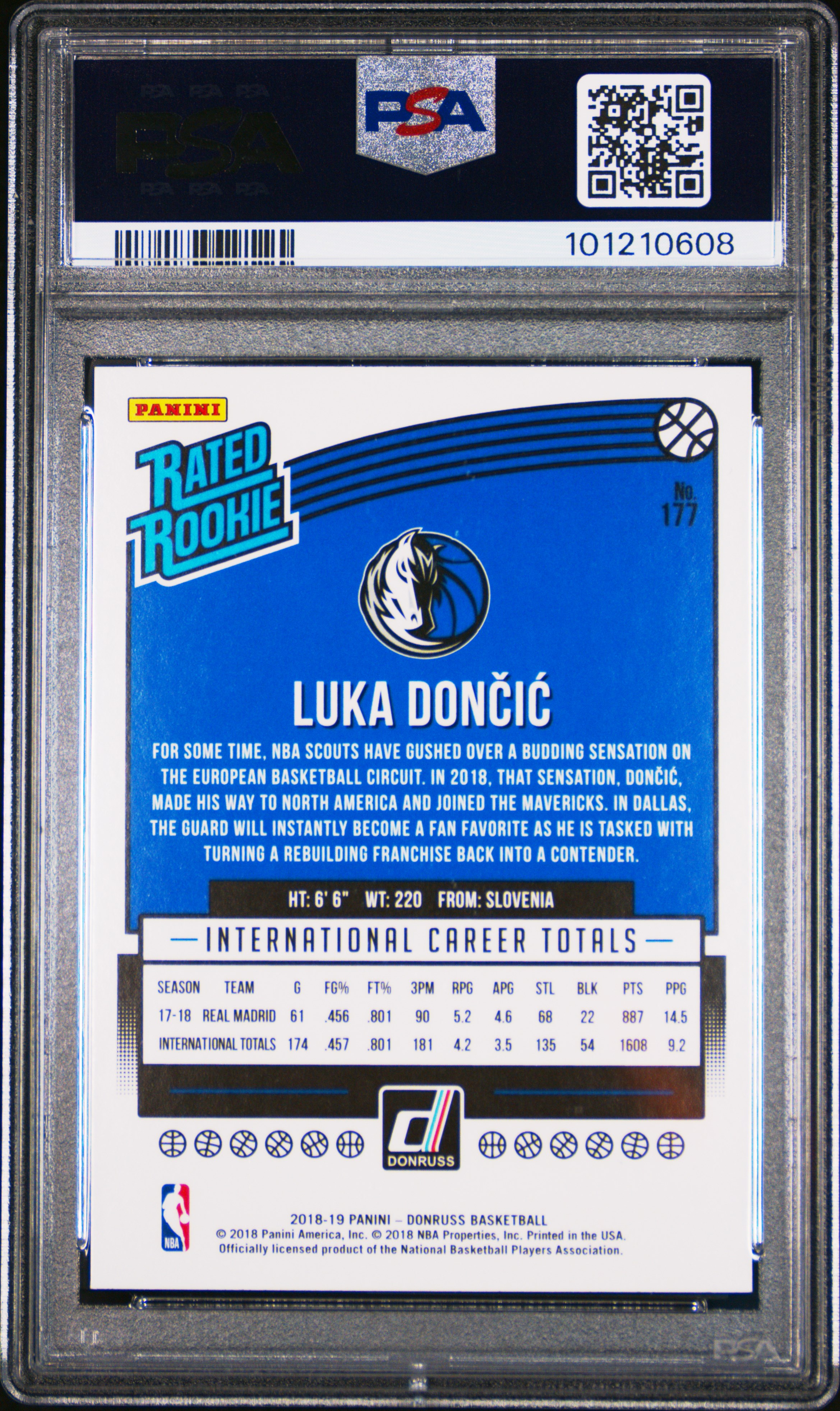 2018 Panini Donruss Luka Doncic #177 Gem Mt 10 back