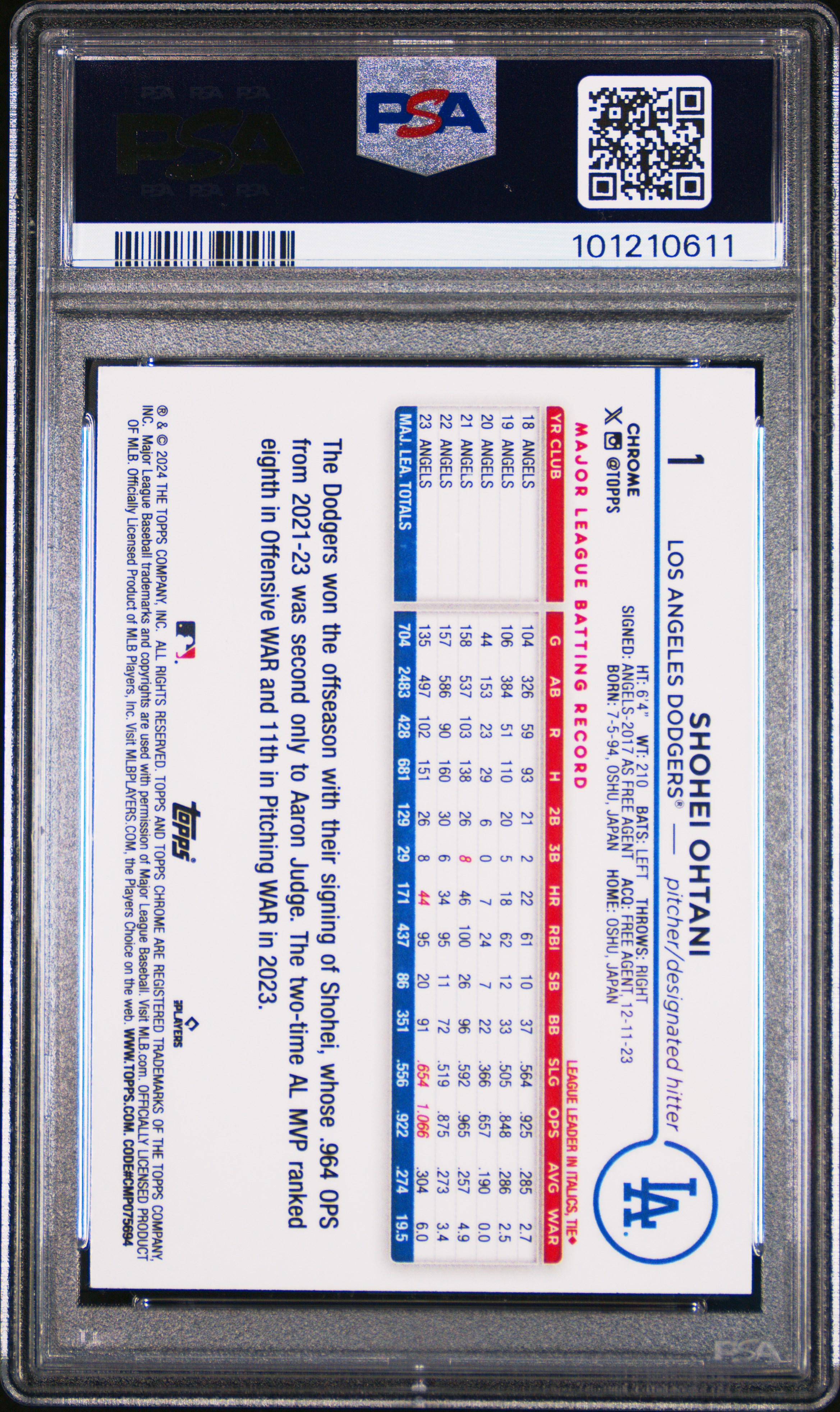 2024 Topps Chrome Shohei Ohtani #1 (Raywave) Gem Mt 10 back