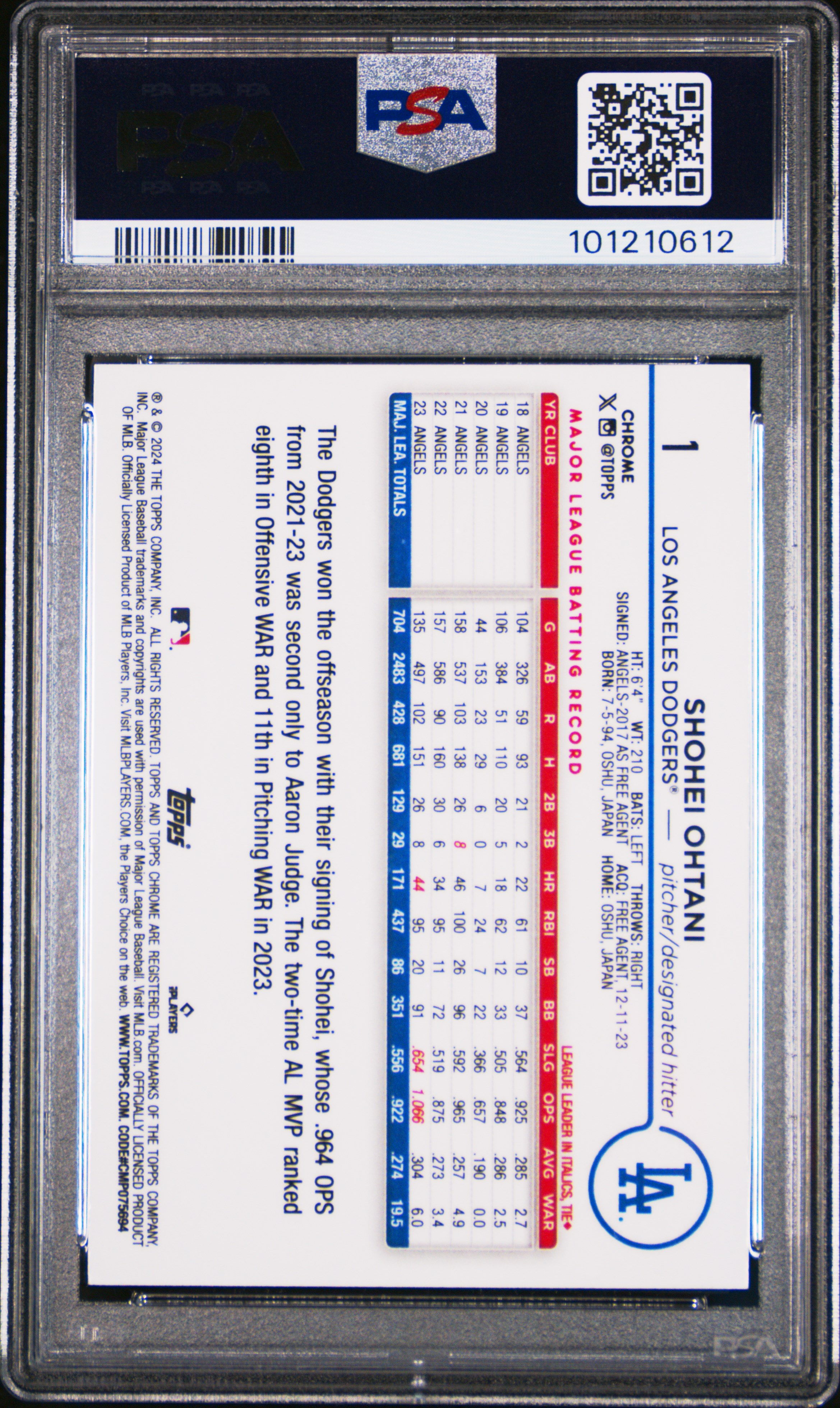 2024 Topps Chrome Shohei Ohtani #1 (Pink Refractor) Mint 9 back