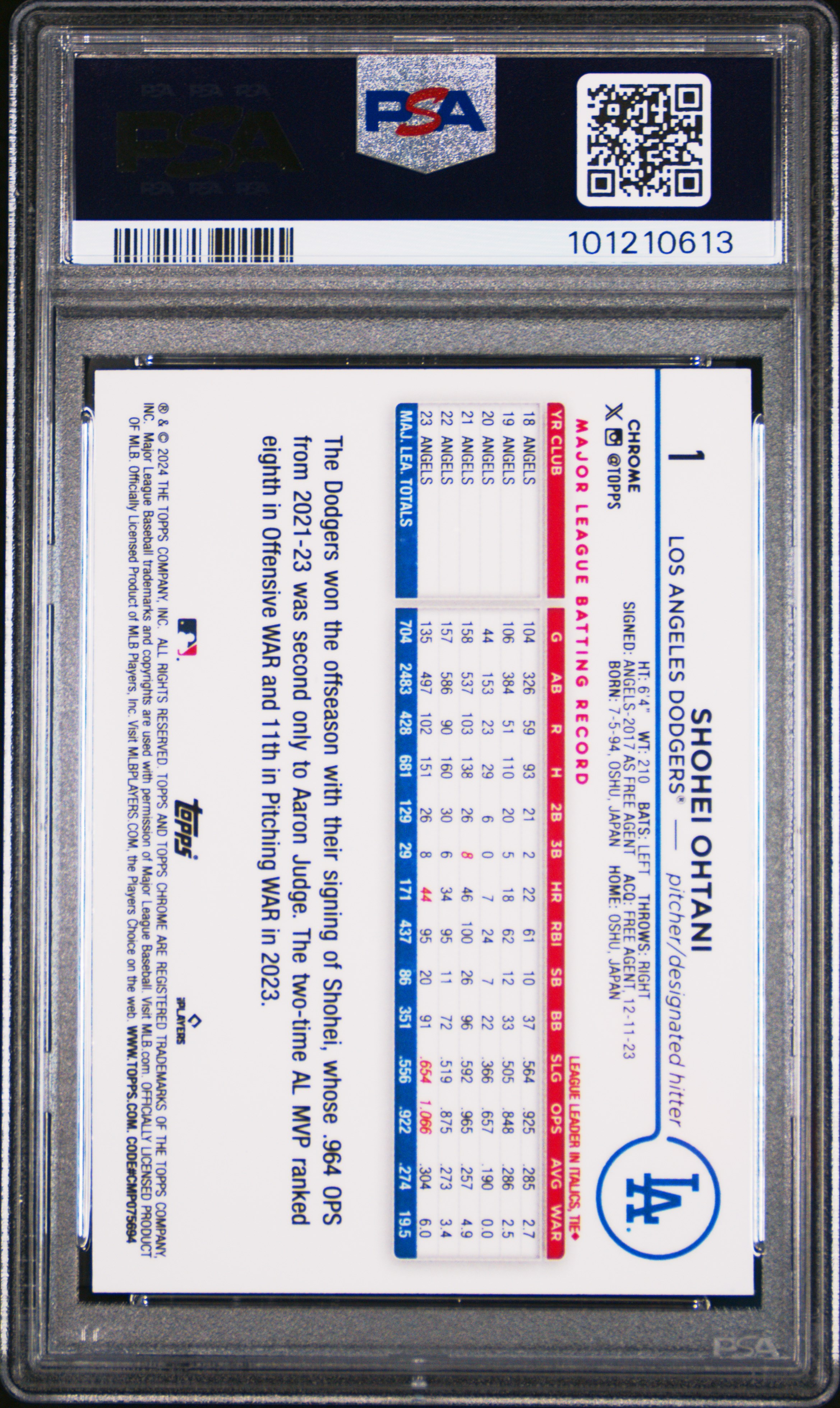 2024 Topps Chrome Shohei Ohtani #1 Gem Mt 10 back