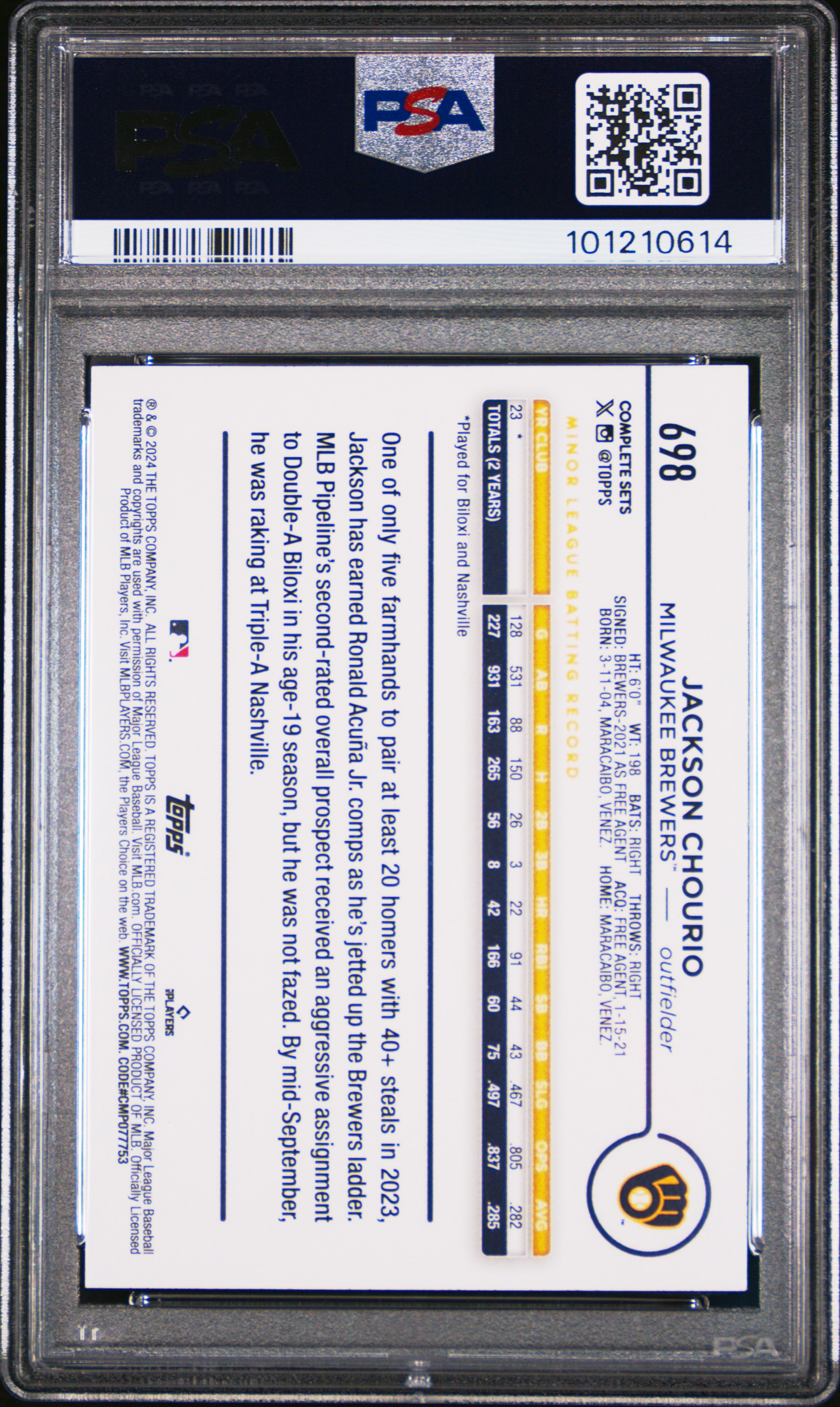 2024 Topps Complete Set Jackson Chourio #698 Gem Mt 10 back