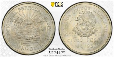 1950-Mo 5 Peso Southeastern Railroad KM-466  Ag MS65