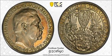 1927-D (5 Mk) Kienast-386, X-1  Hindenburg Ag Edge: Small BAYER SP65