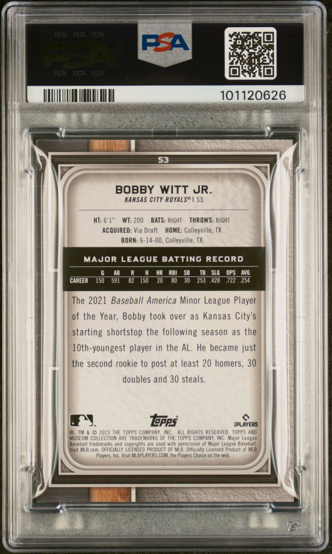 2023 Topps Museum Collection Bobby Witt Jr. #53 (Sapphire) Mint 9 back