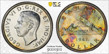 1947 S$1 Maple Leaf Doubled HP MS64