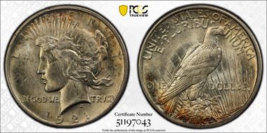 1921 $1 High Relief, Peace MS64+ 