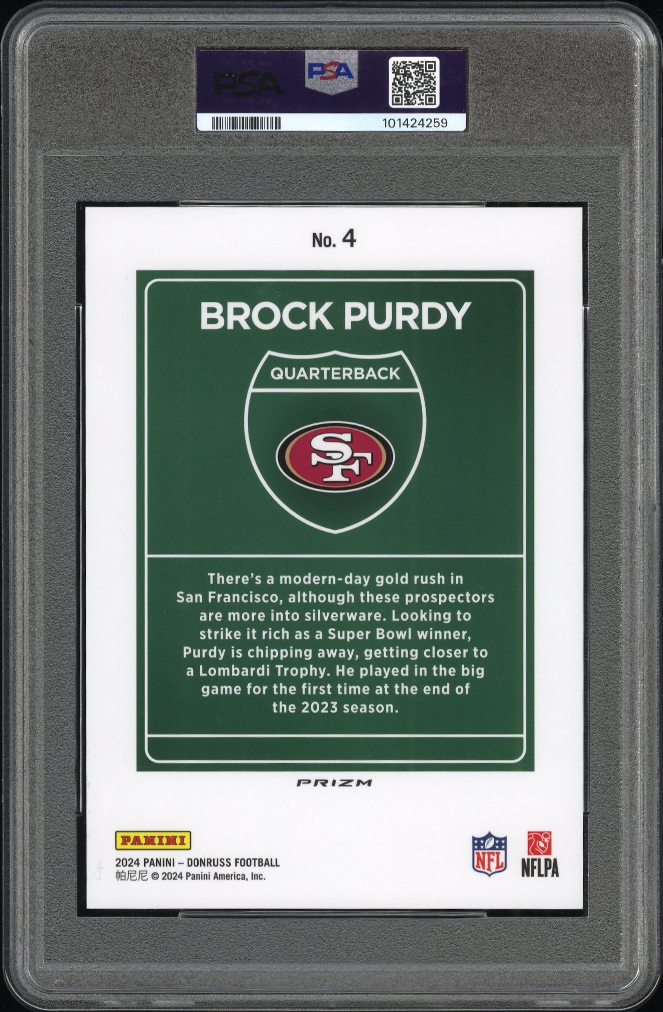2024 Panini Donruss Downtown! Brock Purdy #4 (Downtown!-Oversize) Mint 9 back