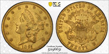 1861-S $20 Paquet AU55