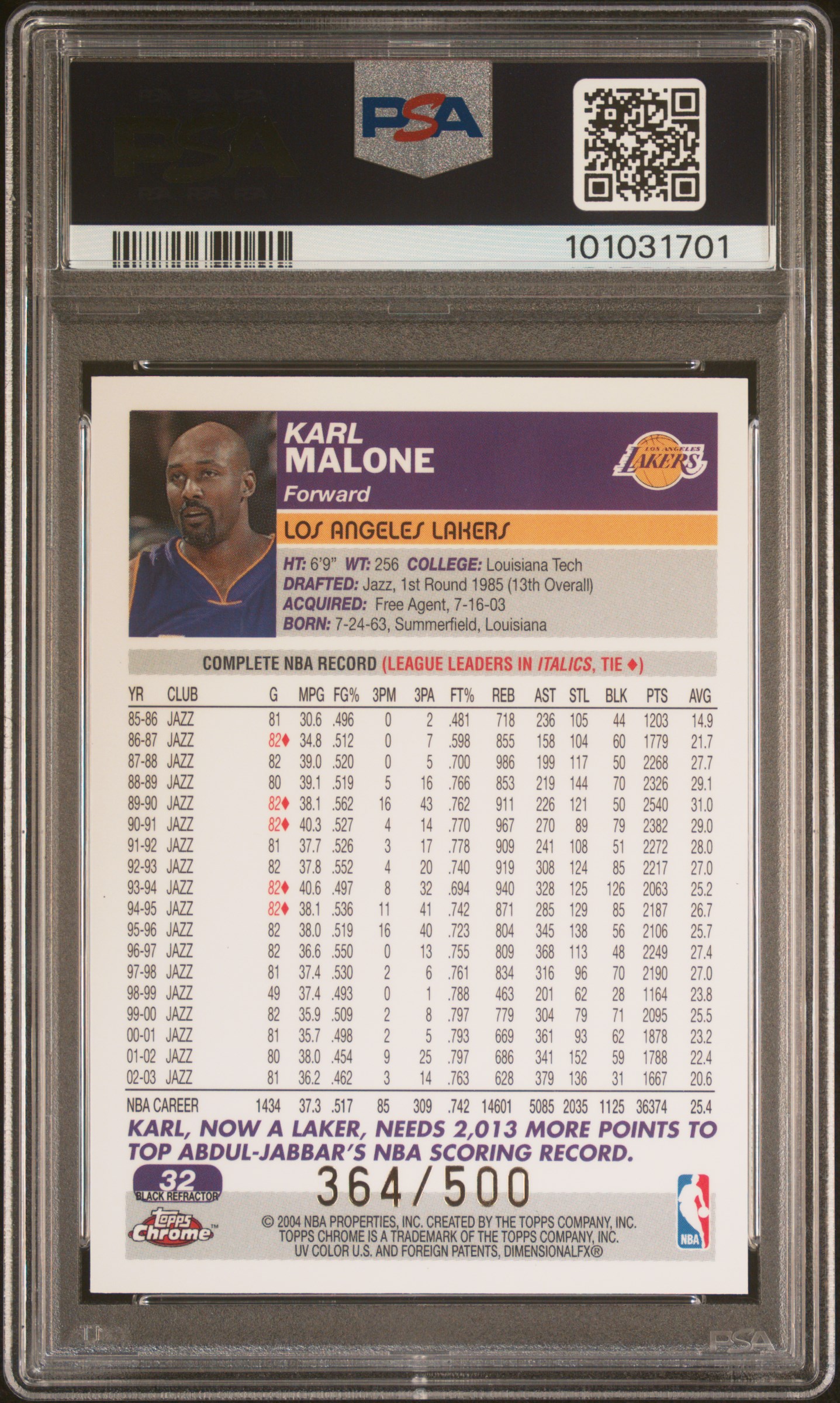 2003 Topps Chrome Karl Malone #32 (Black Refractor) Nm-Mt 8 back