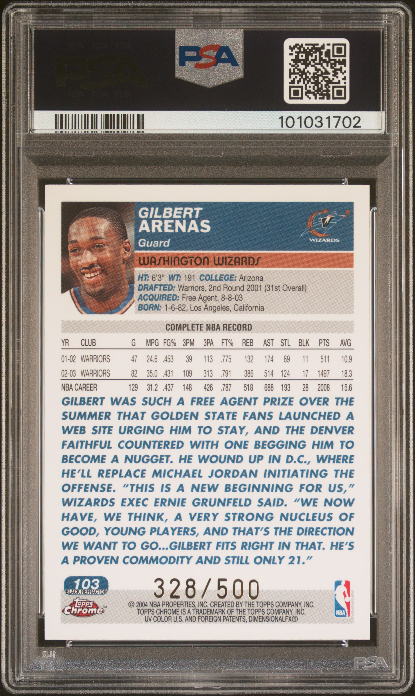 2003 Topps Chrome Gilbert Arenas #103 (Black Refractor) Gem Mt 10 back