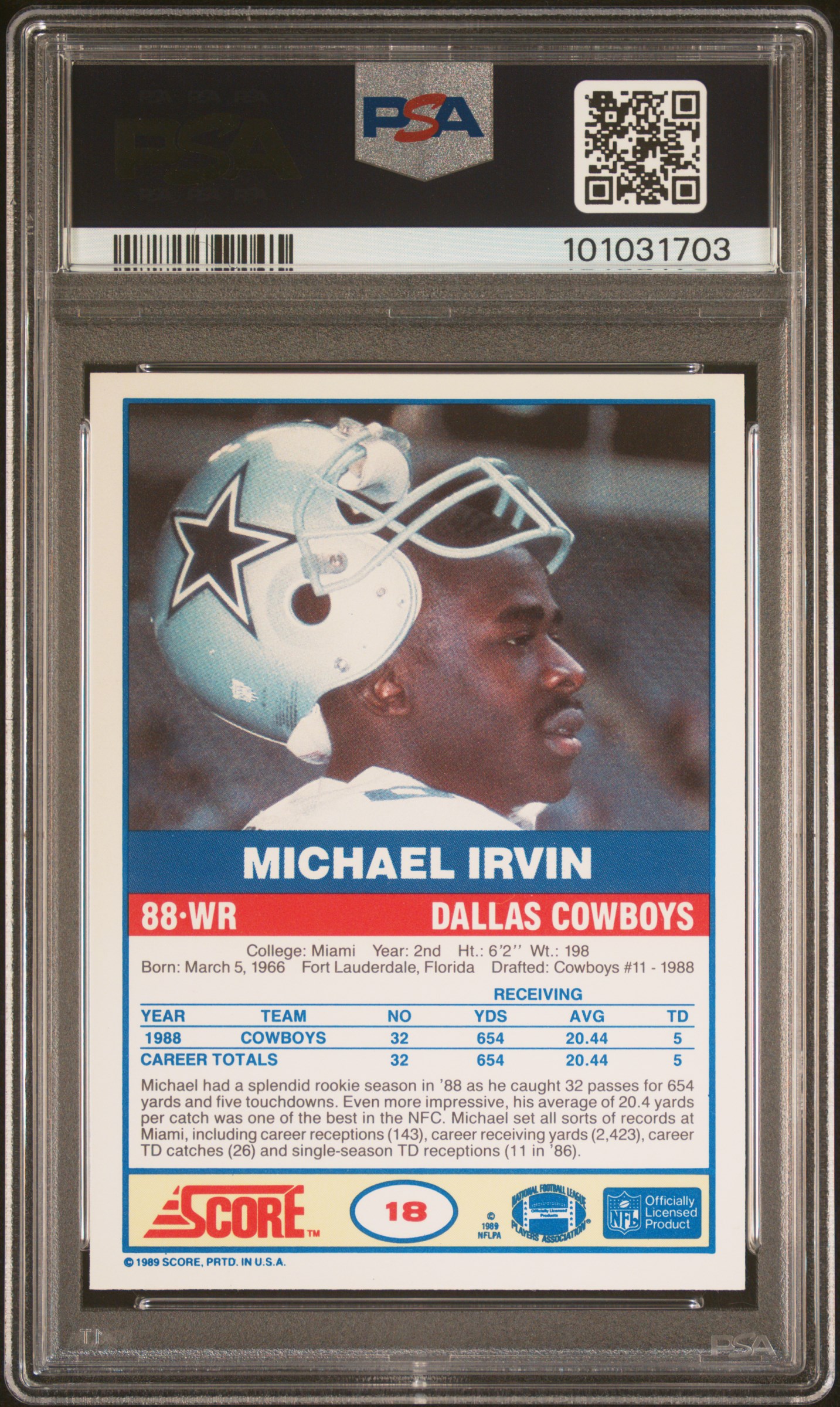 1989 Score Michael Irvin #18 Nm-Mt 8 back