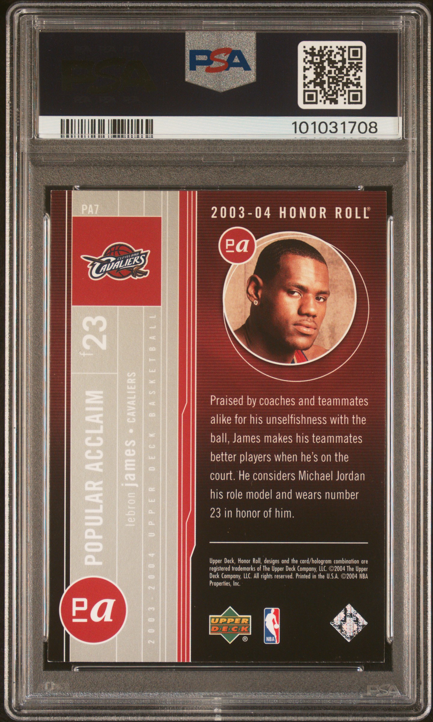 2003 Upper Deck Honor Roll Popular Acclaim Lebron James #Pa7 (Popular Acclaim) Nm-Mt 8 back
