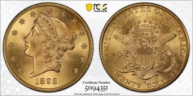 1892-S $20 MS65