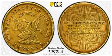 1853 "900" $20 U.S. Assay Office VF35
