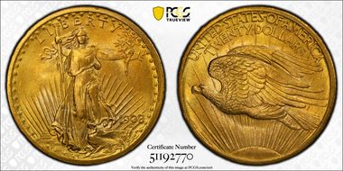 1908 $20 No Motto MS66