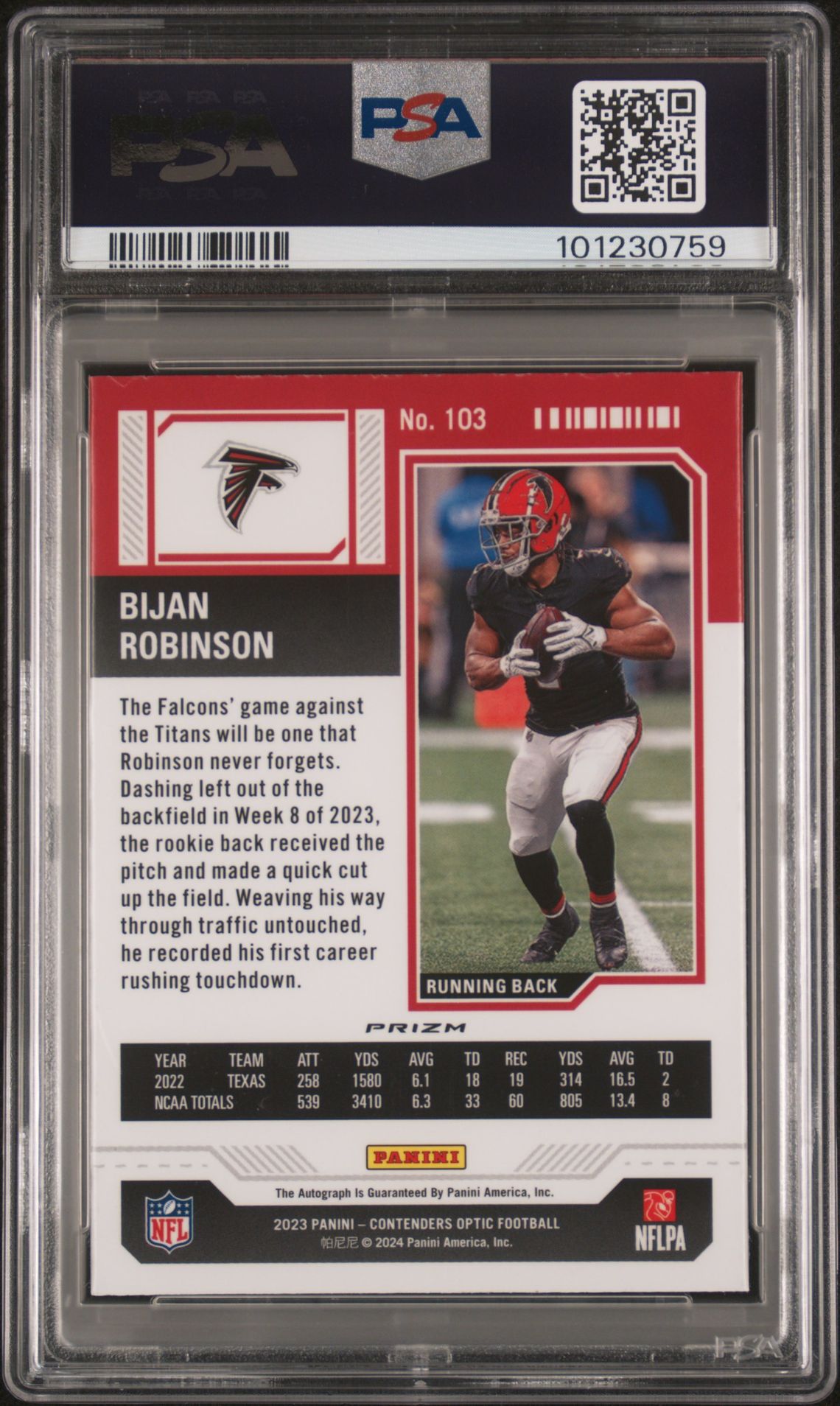 2023 Panini Contenders Optic Bijan Robinson #103 (Autograph-Silver) Mint 9 back