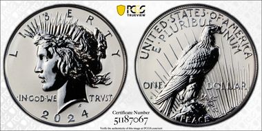 2024-S $1 Peace Dollar Rev PR Two-Coin Reverse Proof Set First Strike PR70