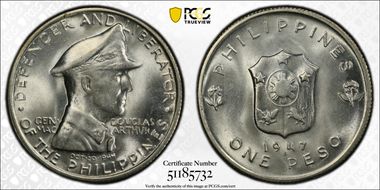 1947-S Peso Douglas MacArthur KM-185  Ag MS64