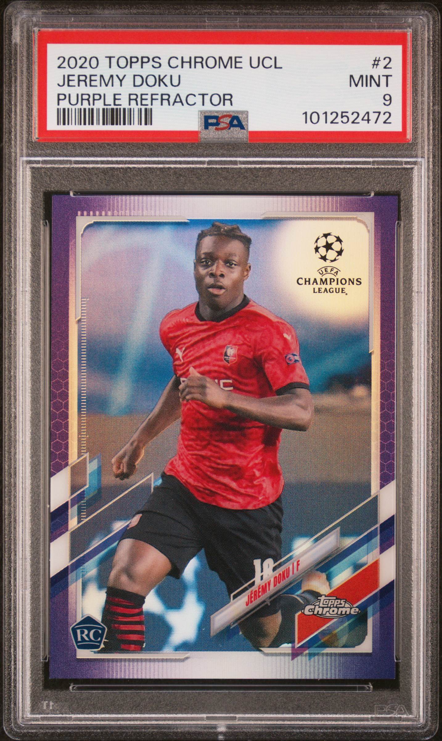2020 Topps Chrome Uefa Champions League Jeremy Doku #2 (Purple Refractor) Mint 9 front